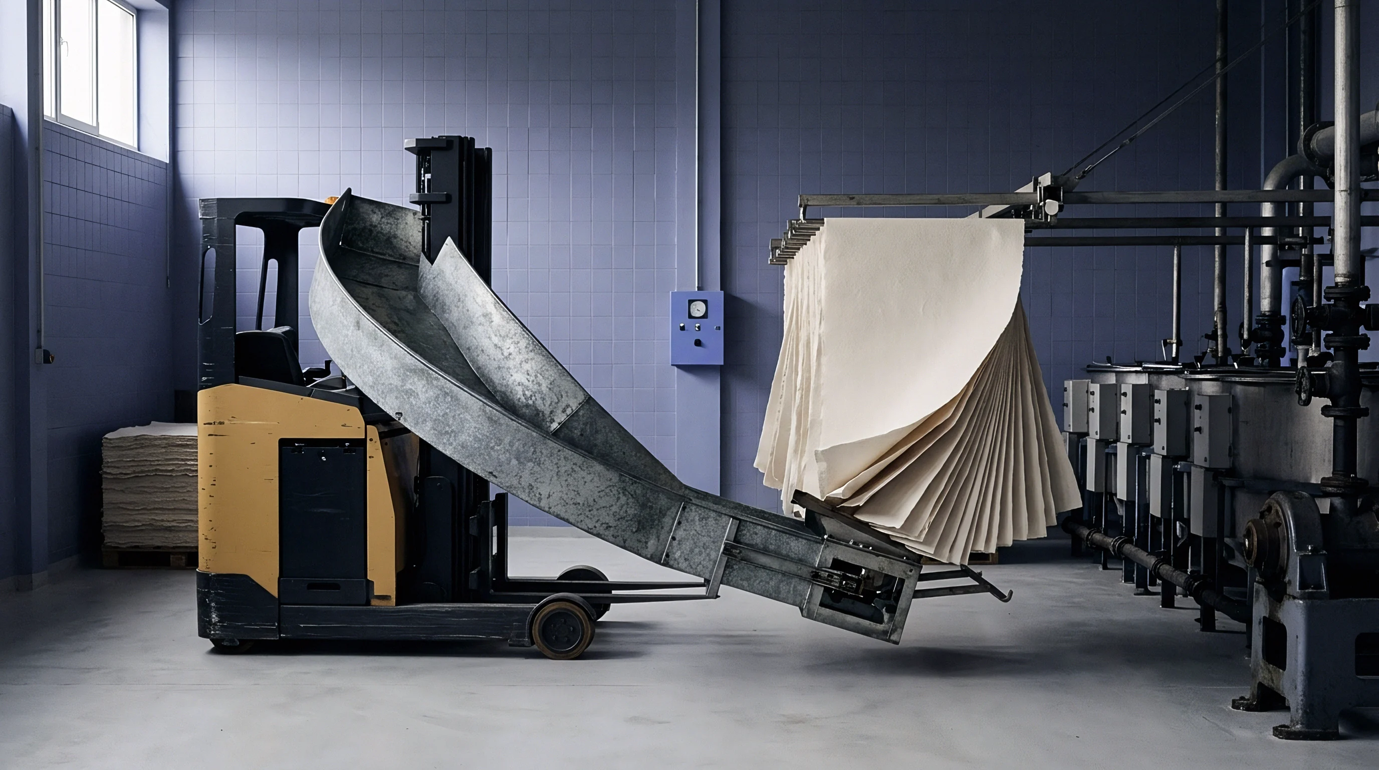 Heavy machinery handles large hanging sheets of unbleached paper substrate on a rack inside a spacious industrial processing factory.