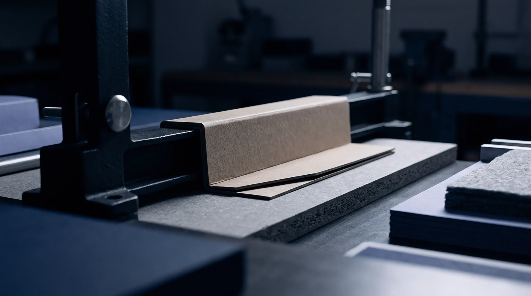 A close-up view shows a natural fiber paperboard being precisely formed by a dark metal industrial press on a workshop bench.