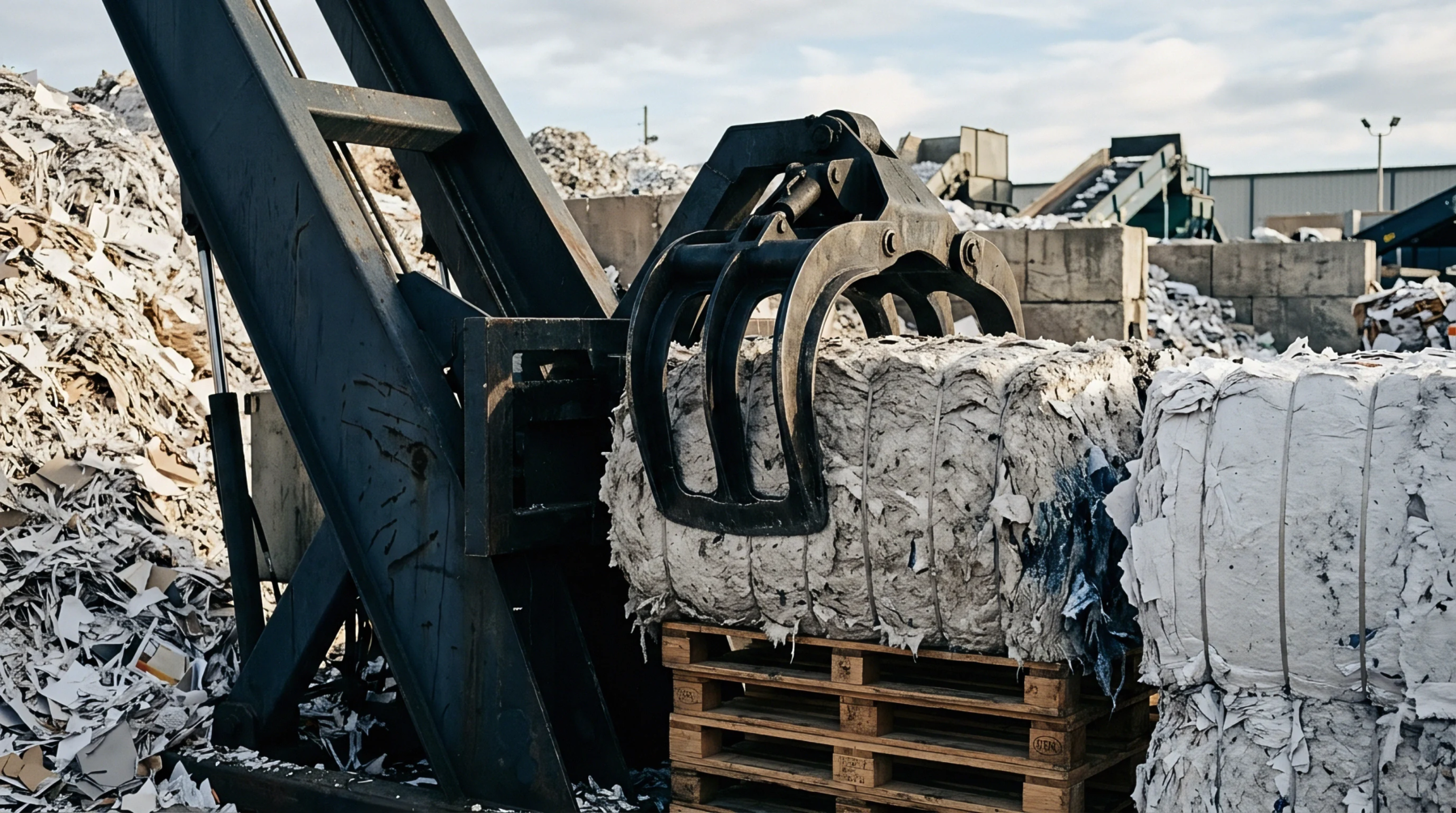 An industrial grapple crane moves a compressed bale of recycled paper feedstock onto a wooden pallet at a paper production facility.