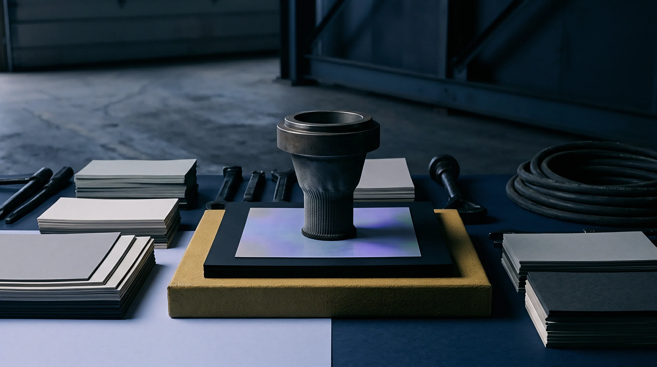 A rendered digital illustration displays a metallic industrial sleeve assembly resting centrally upon stacked sheets of cardstock and coated paperboard within a workshop environment.