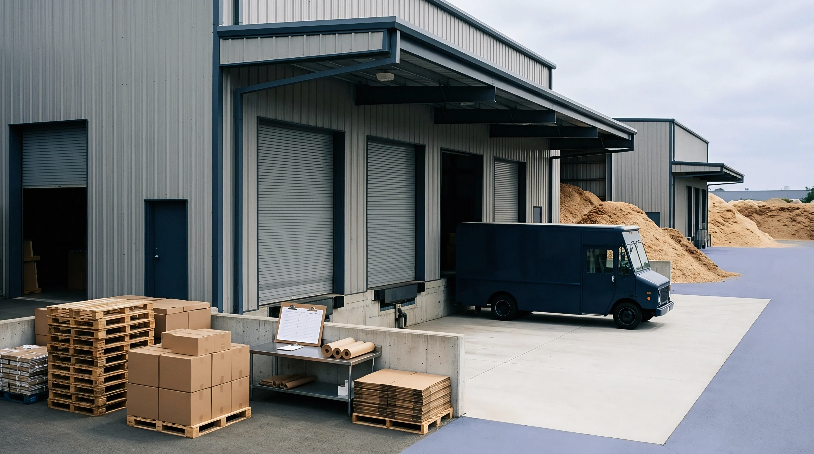 Corrugated boxes and wooden pallets are staged at an industrial loading dock beside a delivery truck, with large piles of wood pulp material visible.