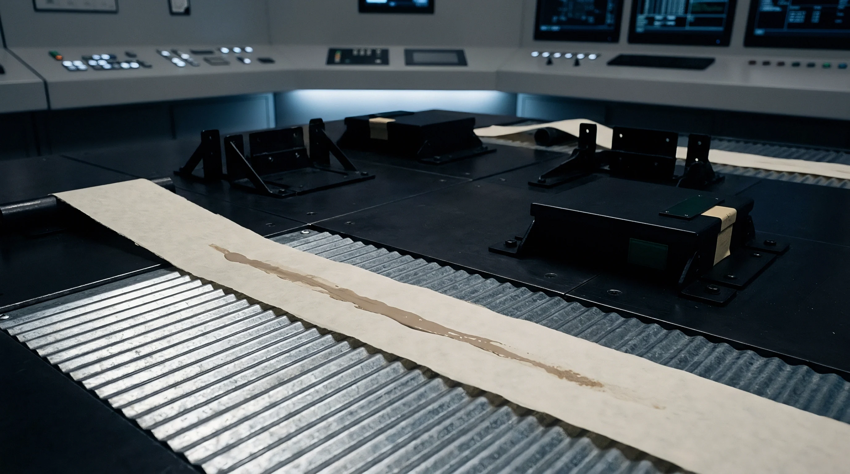 A continuous paper web features a centered application of viscous liquid coating while moving across a metal staging platform in a control facility.