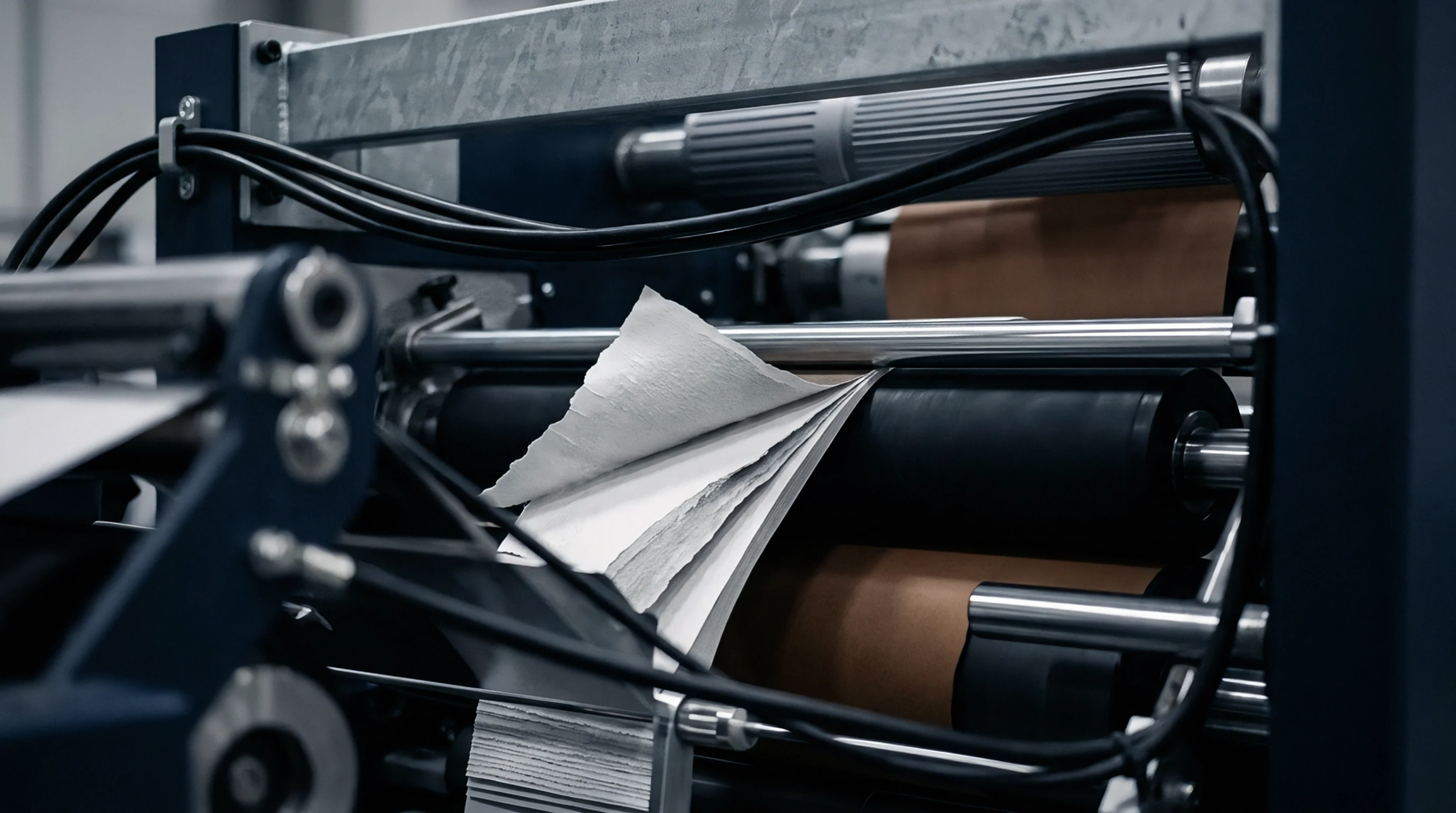 White paper sheets feed through industrial rollers on a converting machine designed for high speed production and precision material handling.
