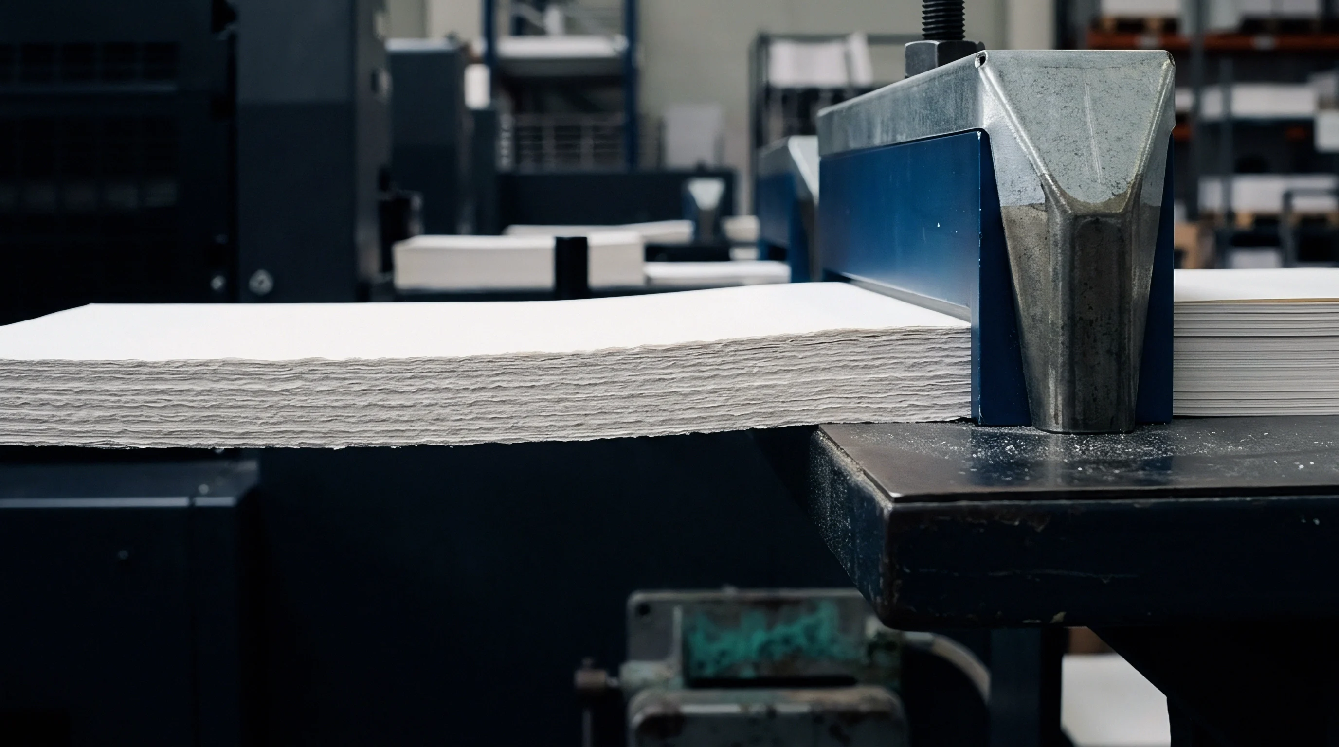 A stack of deckle edged paper sheets feeds through an industrial guillotine trimmer in a high volume print production facility.