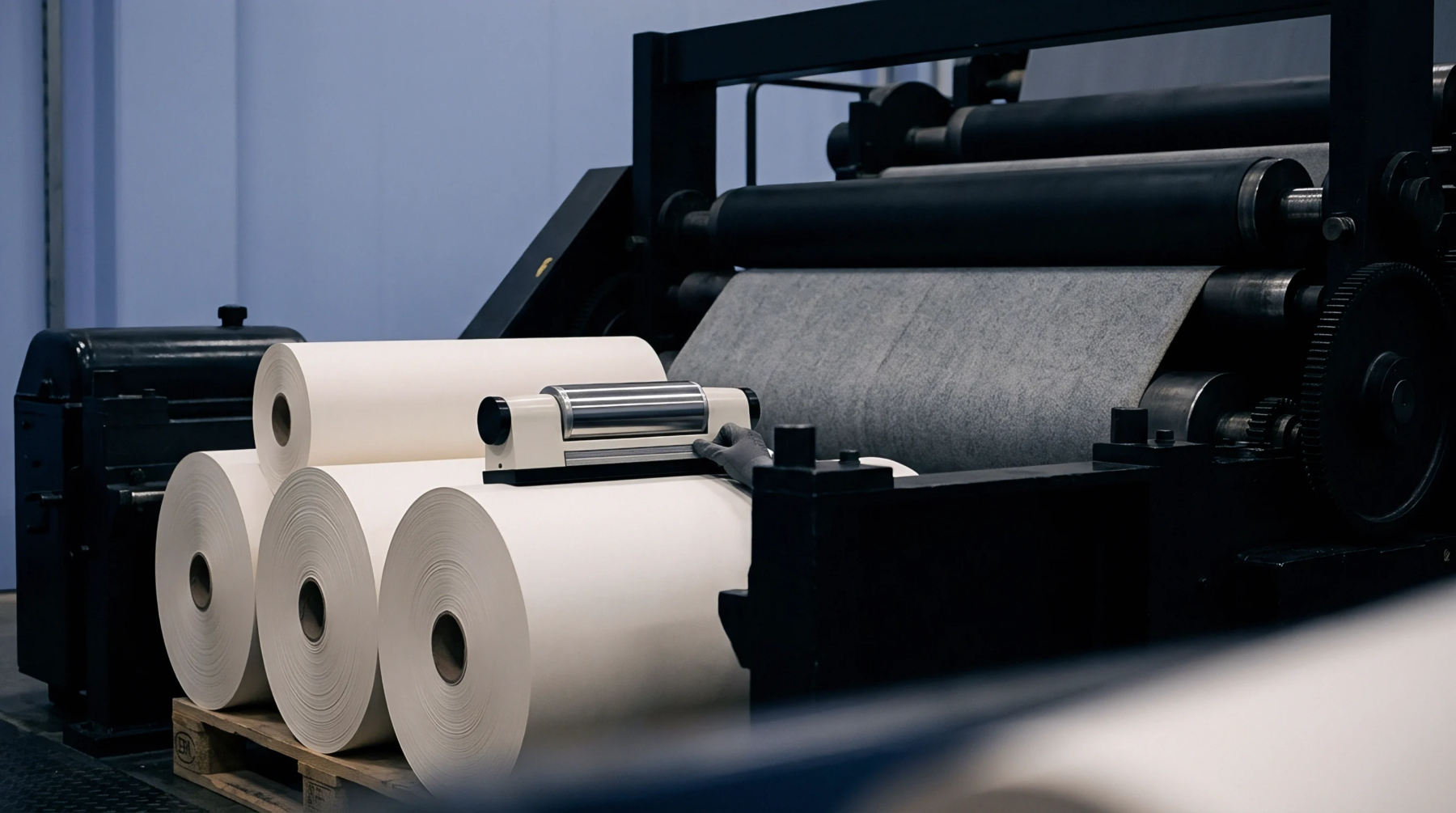 Jumbo paper rolls rest on a wooden pallet beside heavy industrial web processing machinery within a manufacturing facility.