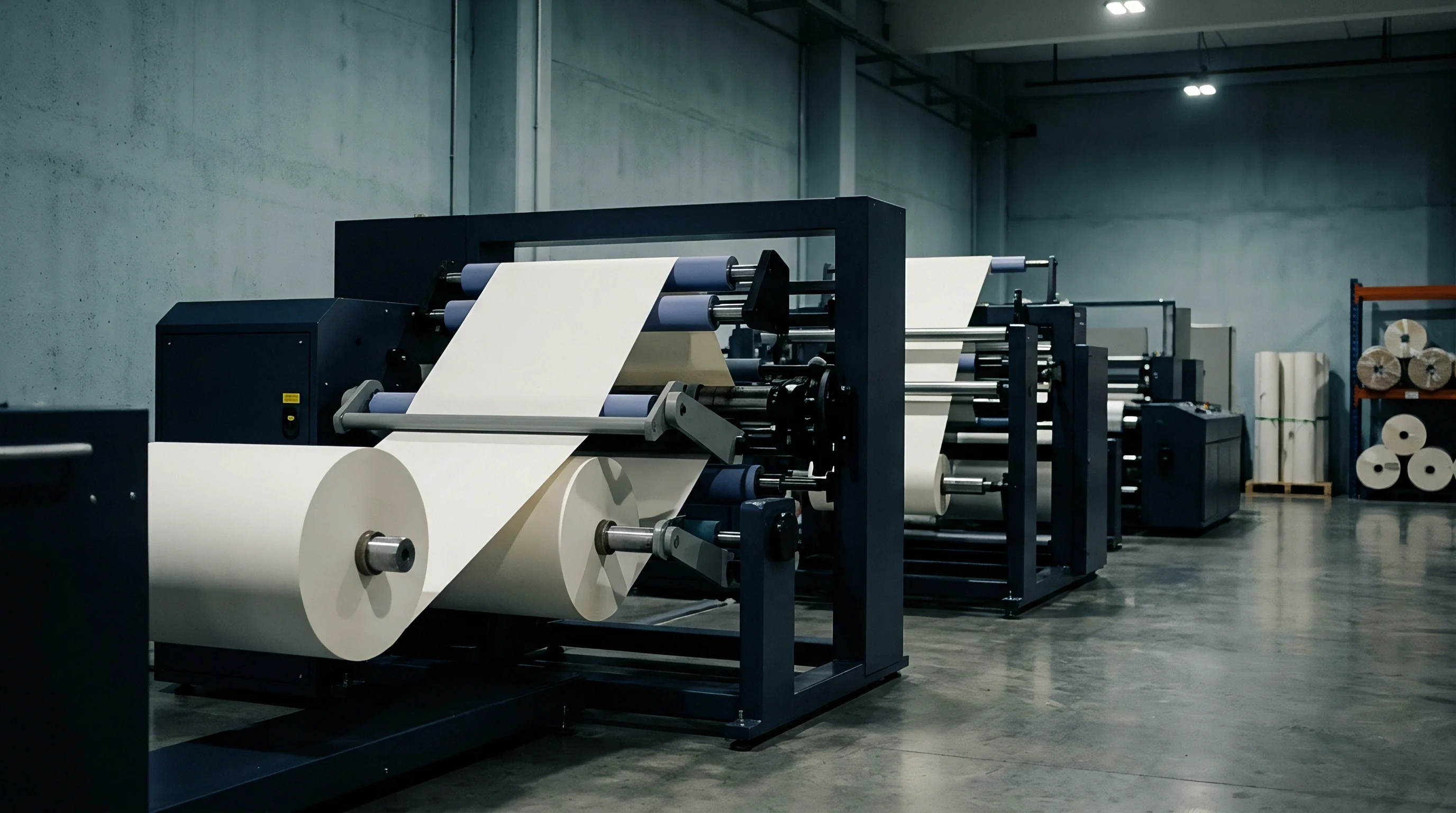 Industrial slitter rewinder machinery operates on the factory floor to process large white substrate rolls for use in packaging and printing applications.