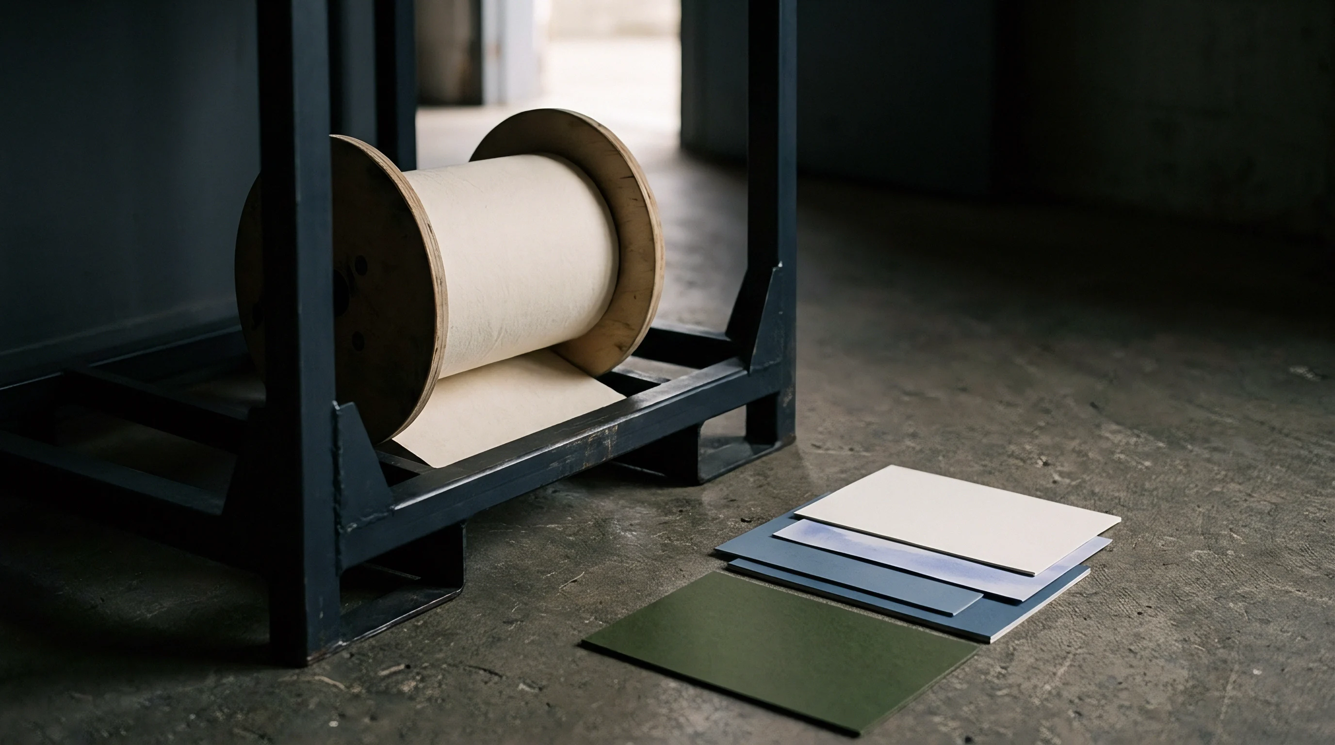 A paper stock roll sits mounted on a metal frame next to a stack of colored paper substrate sheets on a concrete floor.