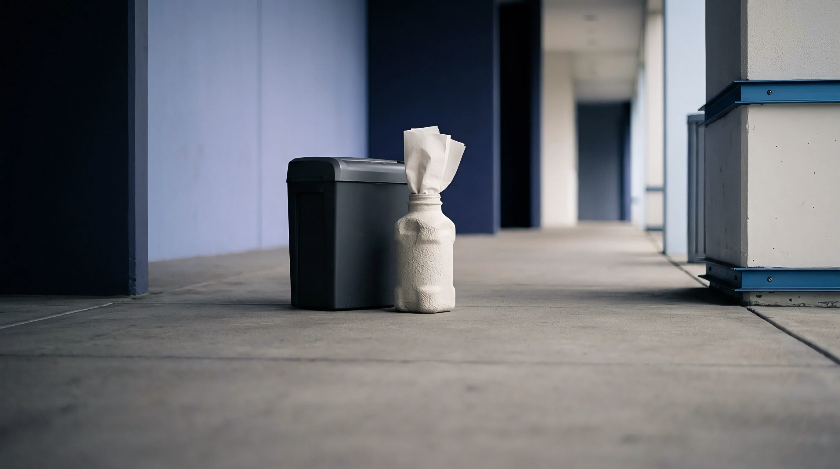 A dark plastic waste container stands next to a white recycled polymer bottle holding folded bleached paper sheets on a concrete corridor floor.