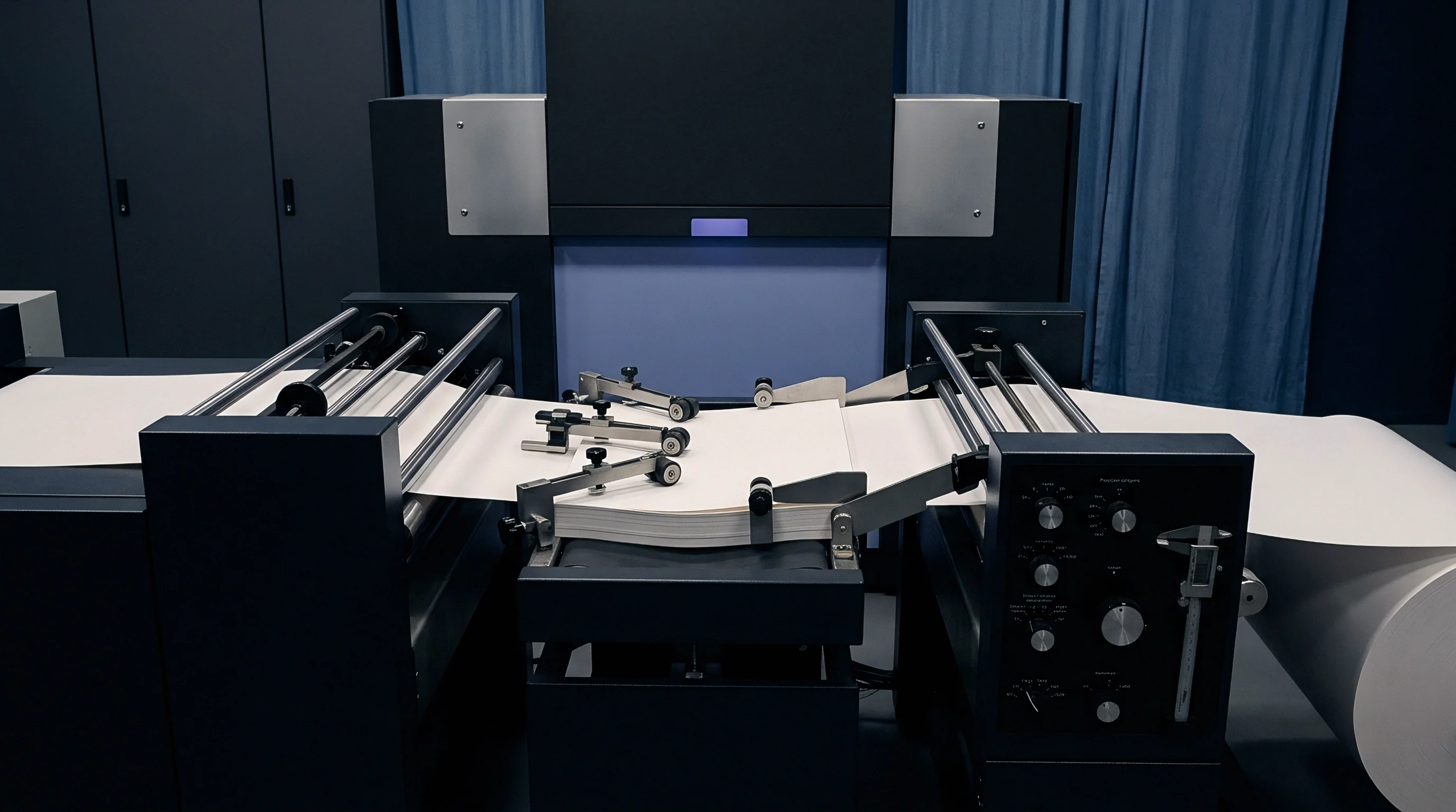 Continuous paper stock moves through heavy industrial converting machinery equipped with steel rollers and a central sheeting station.