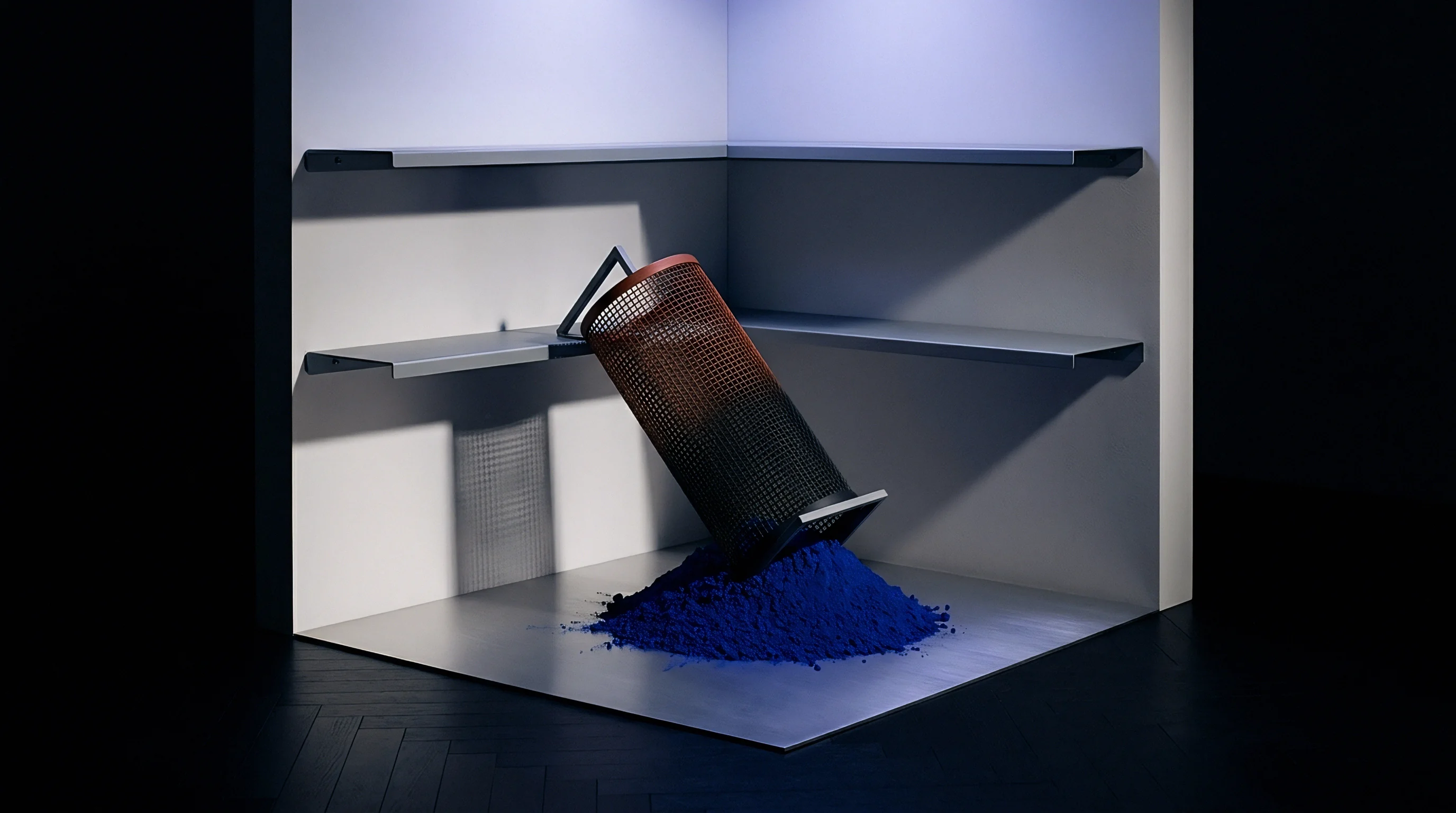 Ultramarine pigment powder spills from a perforated metal cylinder onto a metallic production floor near corner shelving.
