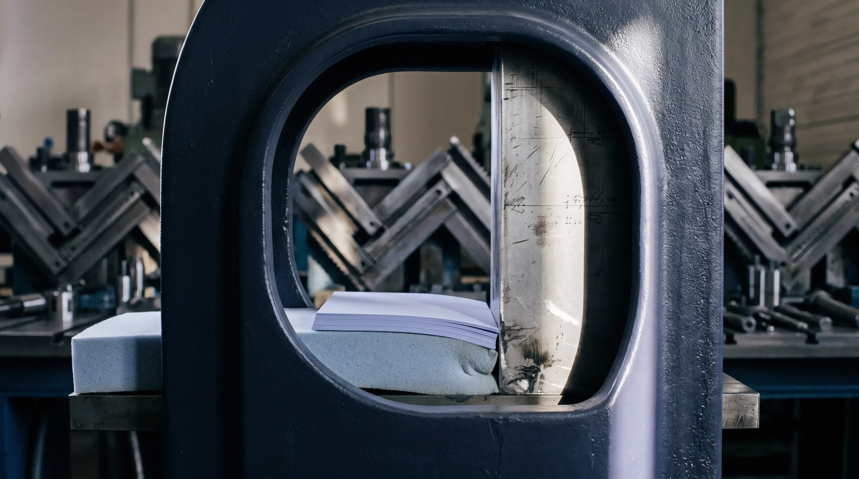 A stack of white paper sheets undergoes industrial pressing within a dark grey machine frame, compressing a light blue cushioning material.