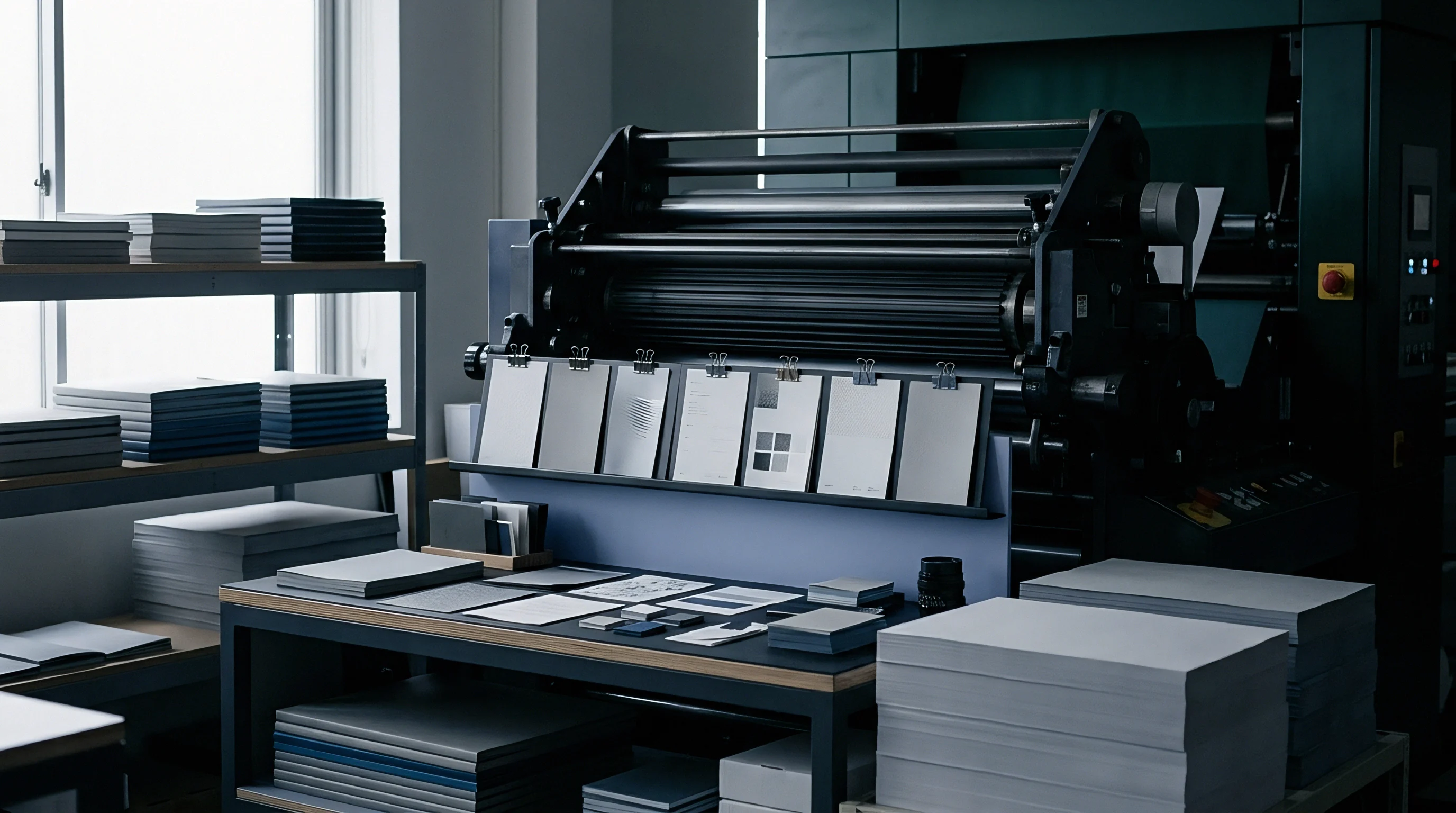 Heavy industrial printing equipment dominates a production workshop containing organized paper stacks and a sample inspection workbench.