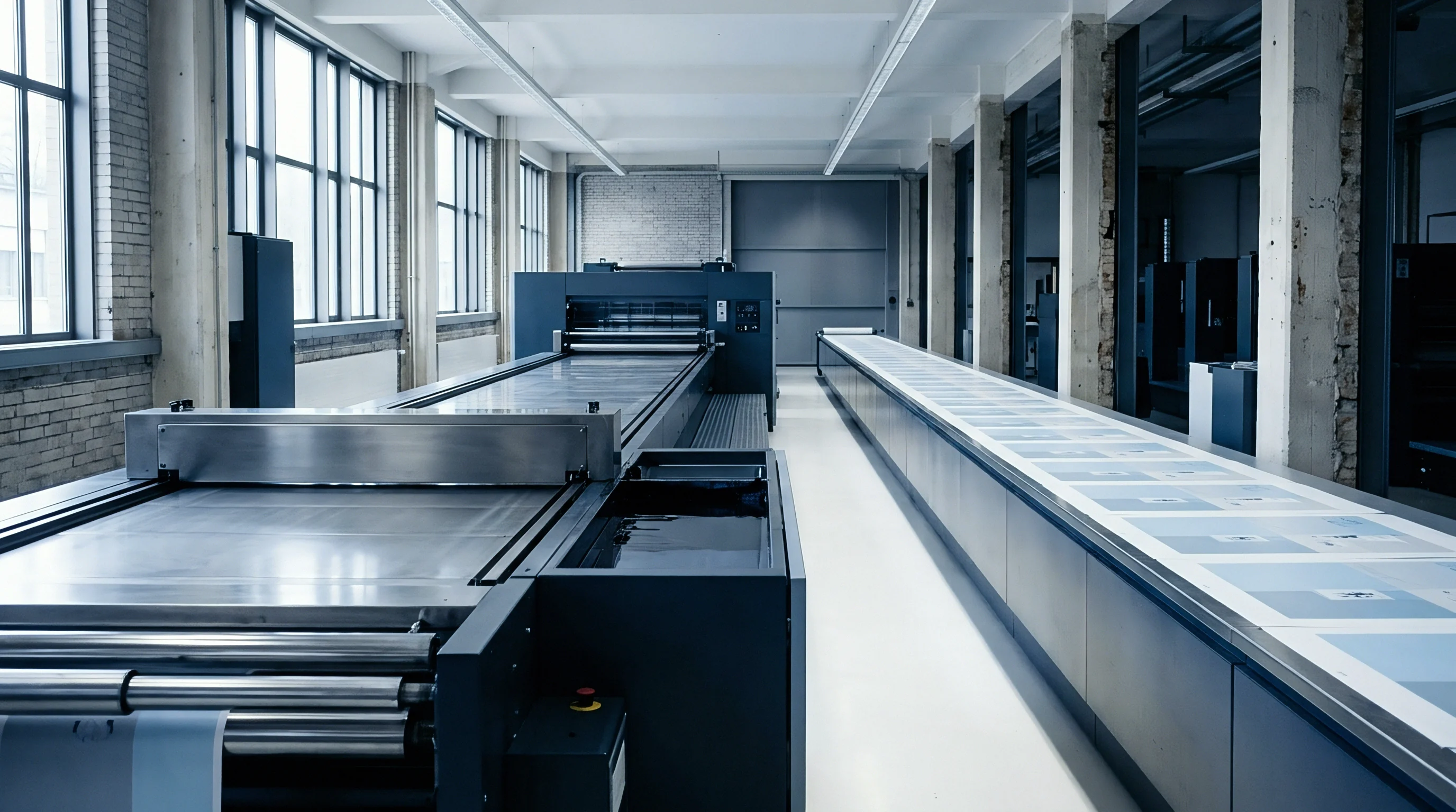 An industrial print production facility features large-scale printing and sheet-fed processing machinery alongside long output conveyer tables in a bright workshop.