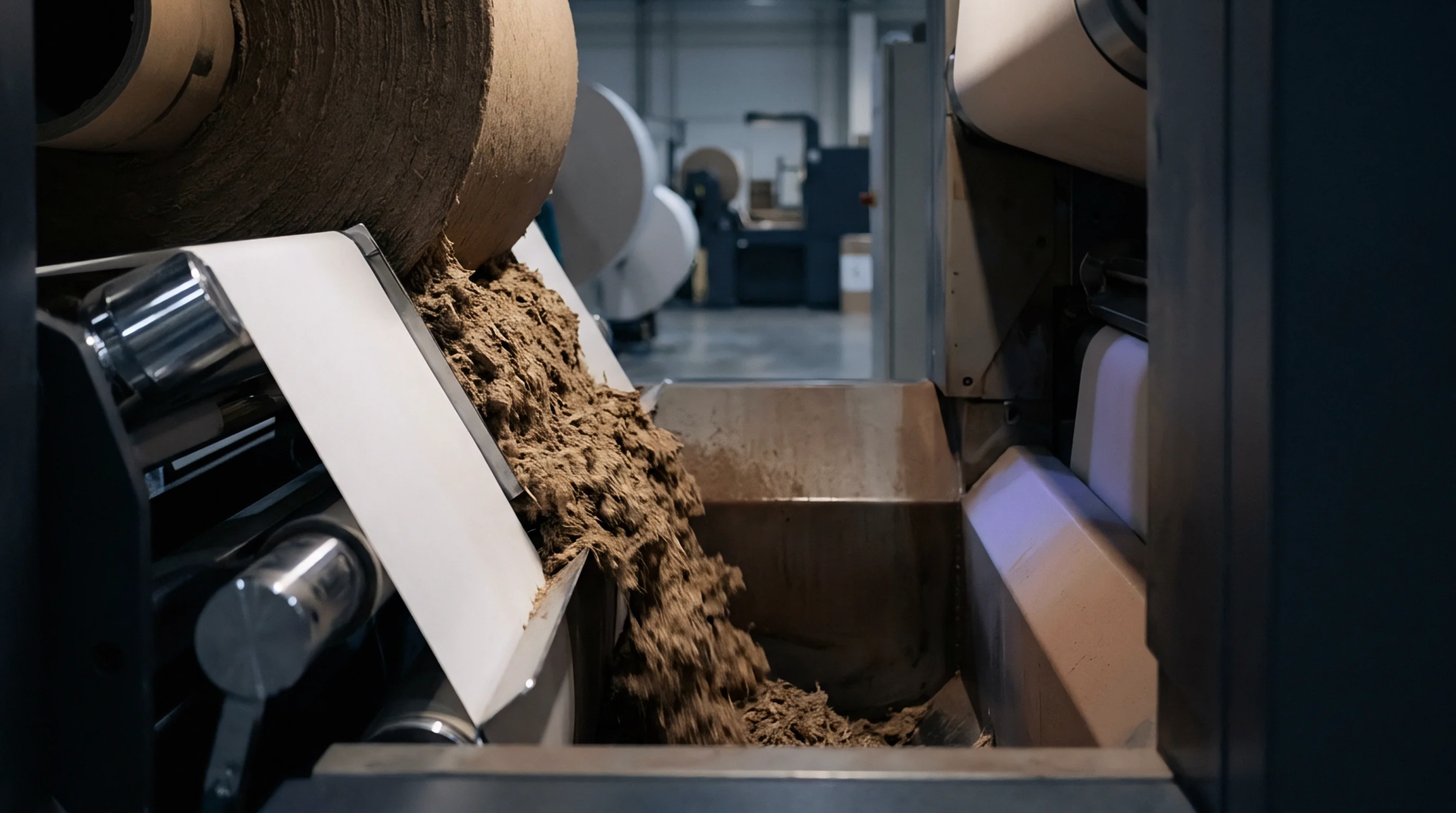 Fibrous recycled material feeds directly into industrial converting equipment as a continuous sheet substrate is prepared for downstream packaging production and distribution.