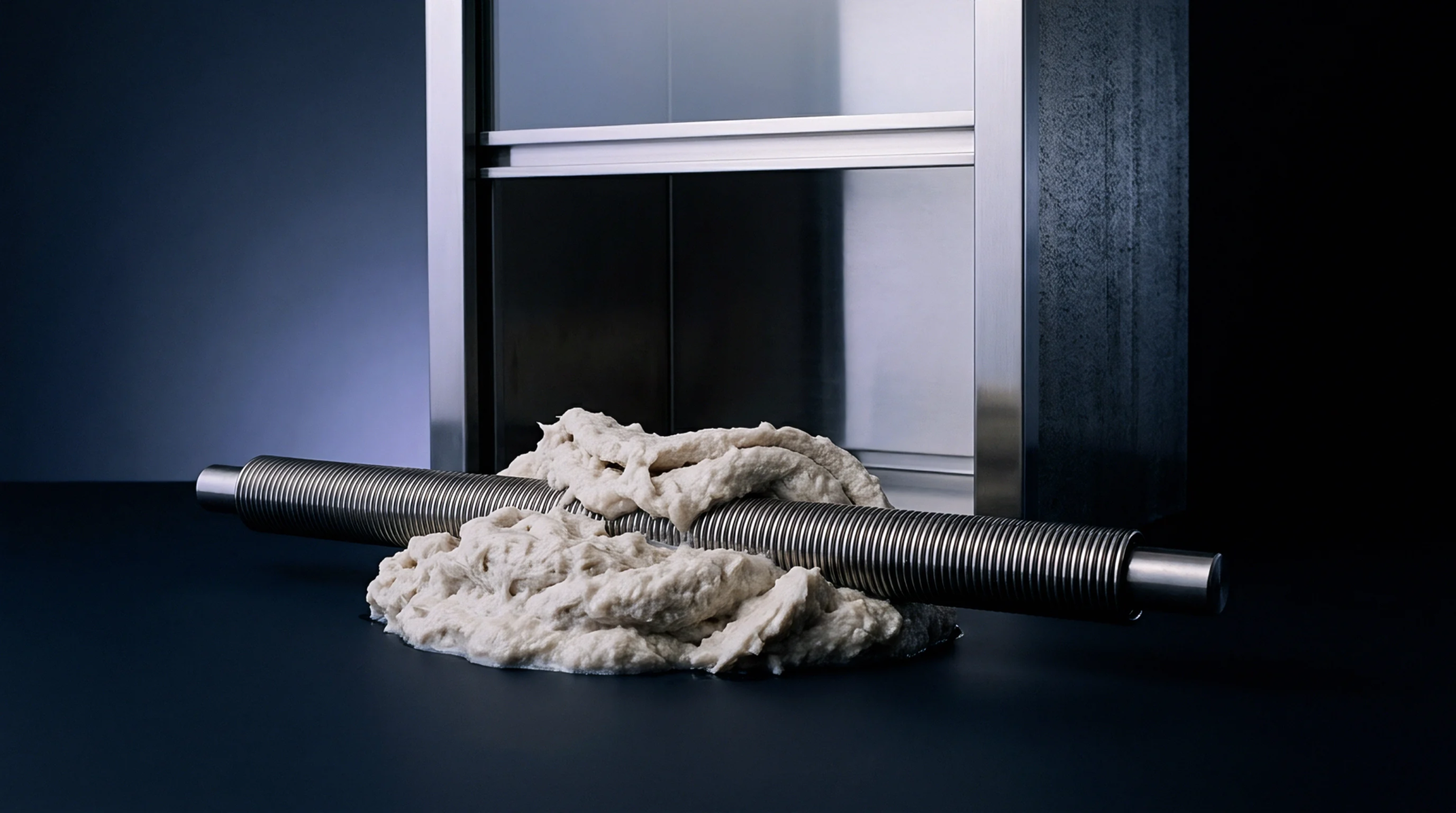 A ribbed steel roller sits across a mound of high viscosity coating material inside an industrial testing cabinet.