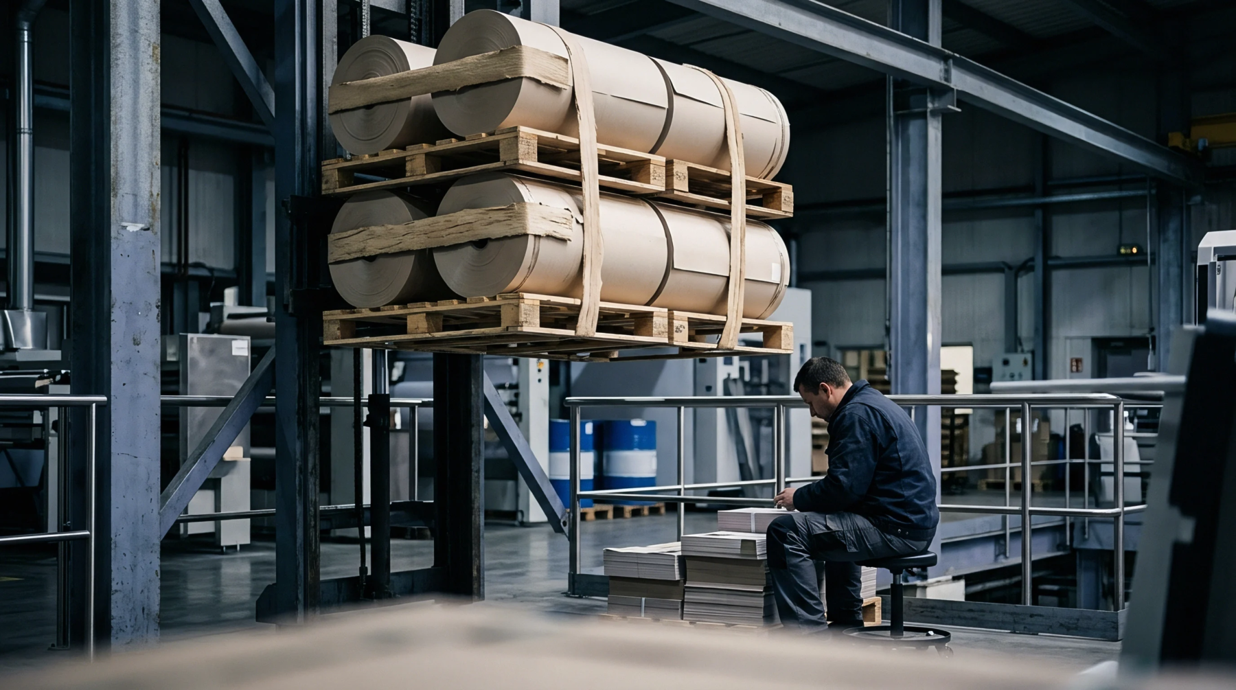 Large industrial rolls of material stacked on timber pallets are suspended by a mechanical lift in a factory setting.