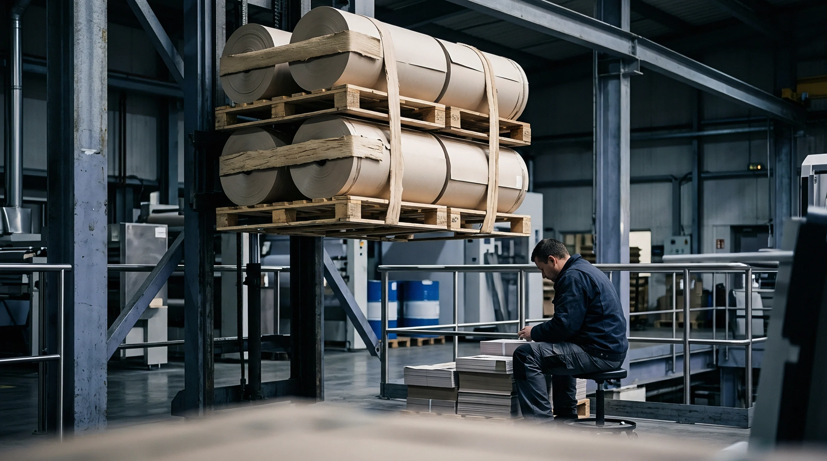 Large industrial rolls of material stacked on timber pallets are suspended by a mechanical lift in a factory setting.