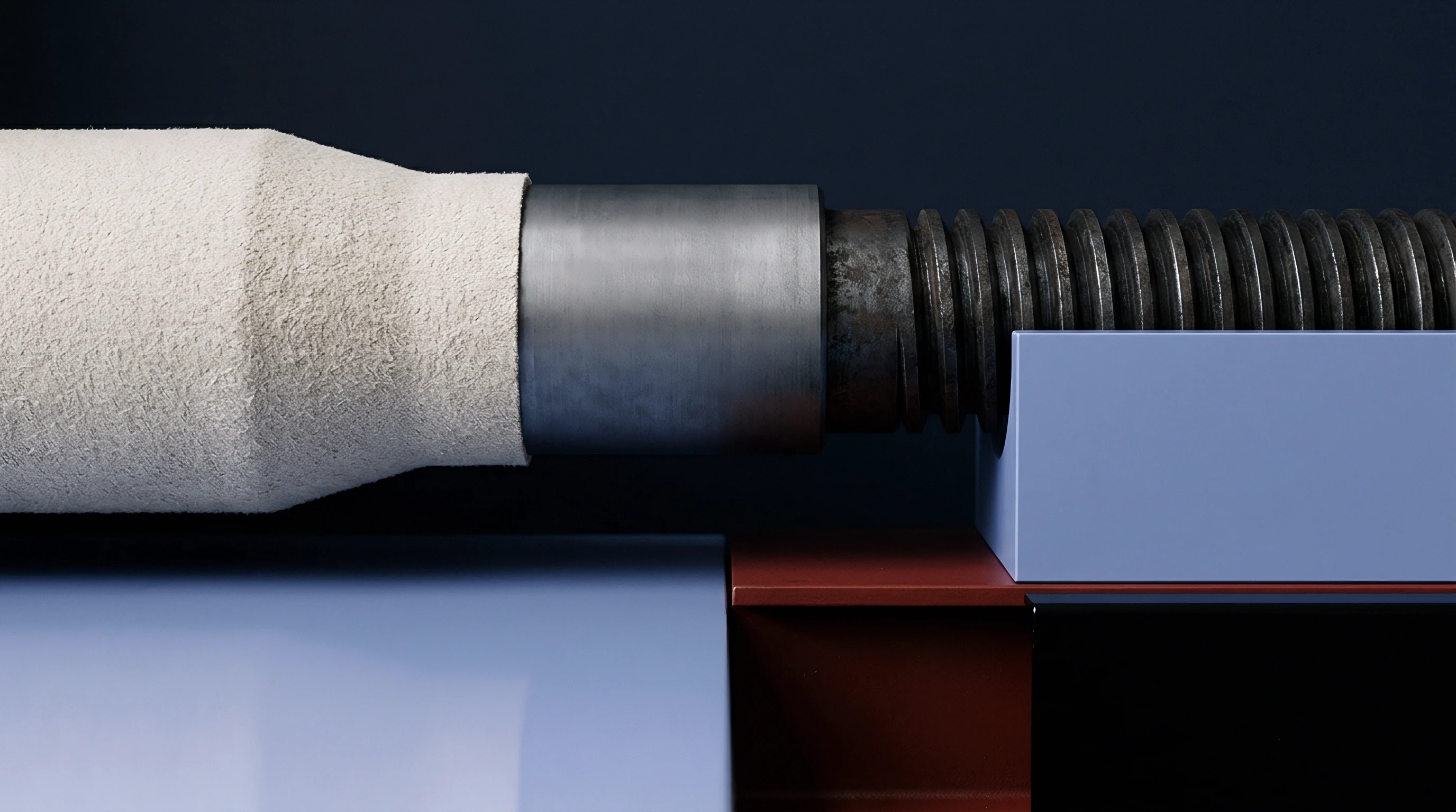 This image shows a close-up of a textured substrate wrapped around a roller section transitioning to a dark threaded shaft, supported by industrial components.