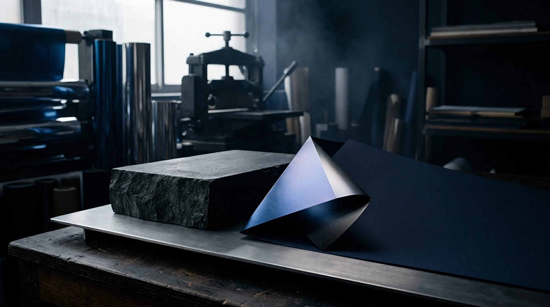 A metallic workbench holds a folded dark substrate sheet alongside a heavy stone block inside a converting workshop.