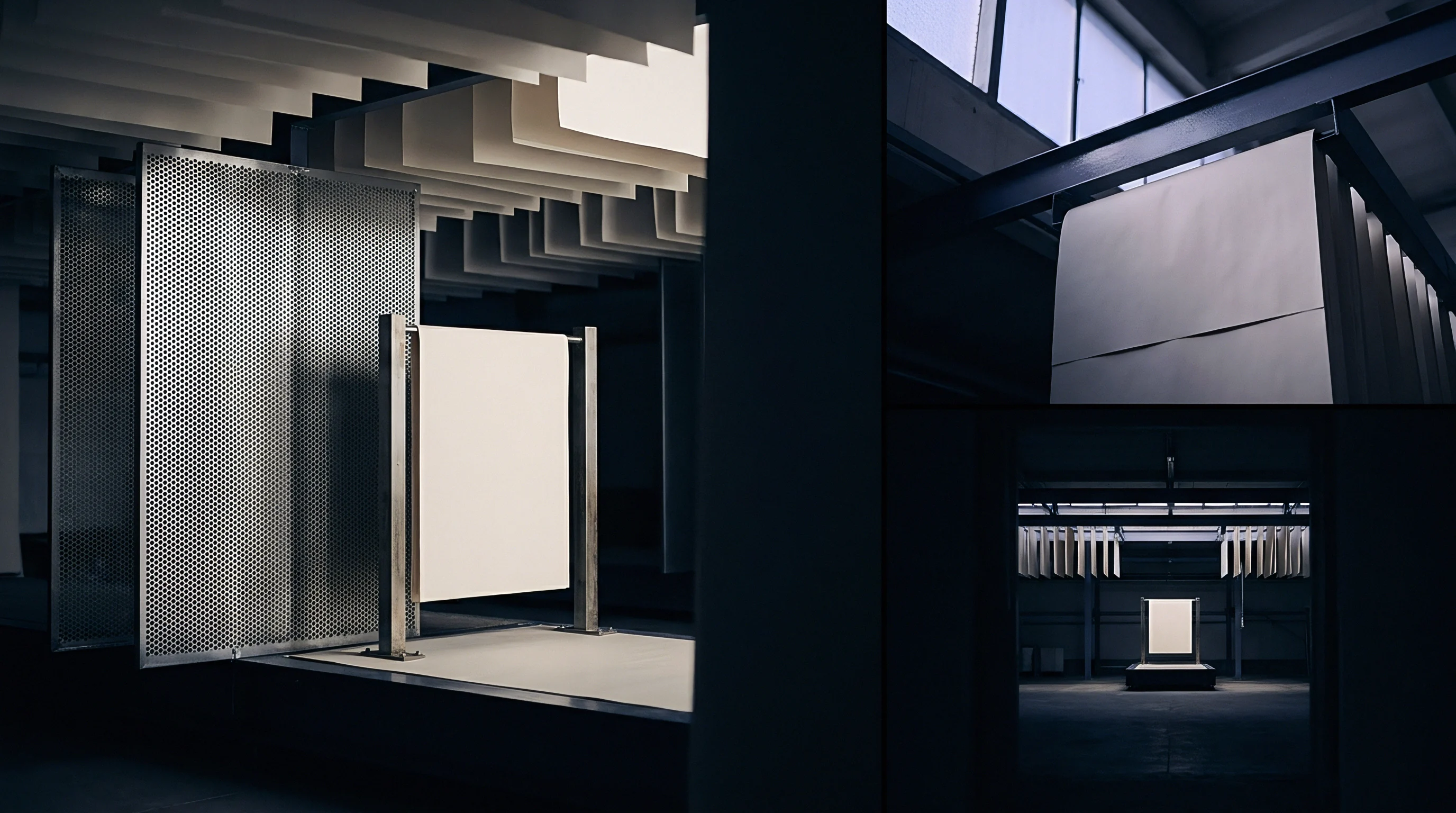 Large paper sheets hang from ceiling beams alongside perforated metal dividers in a dimly lit industrial facility equipped for material testing.