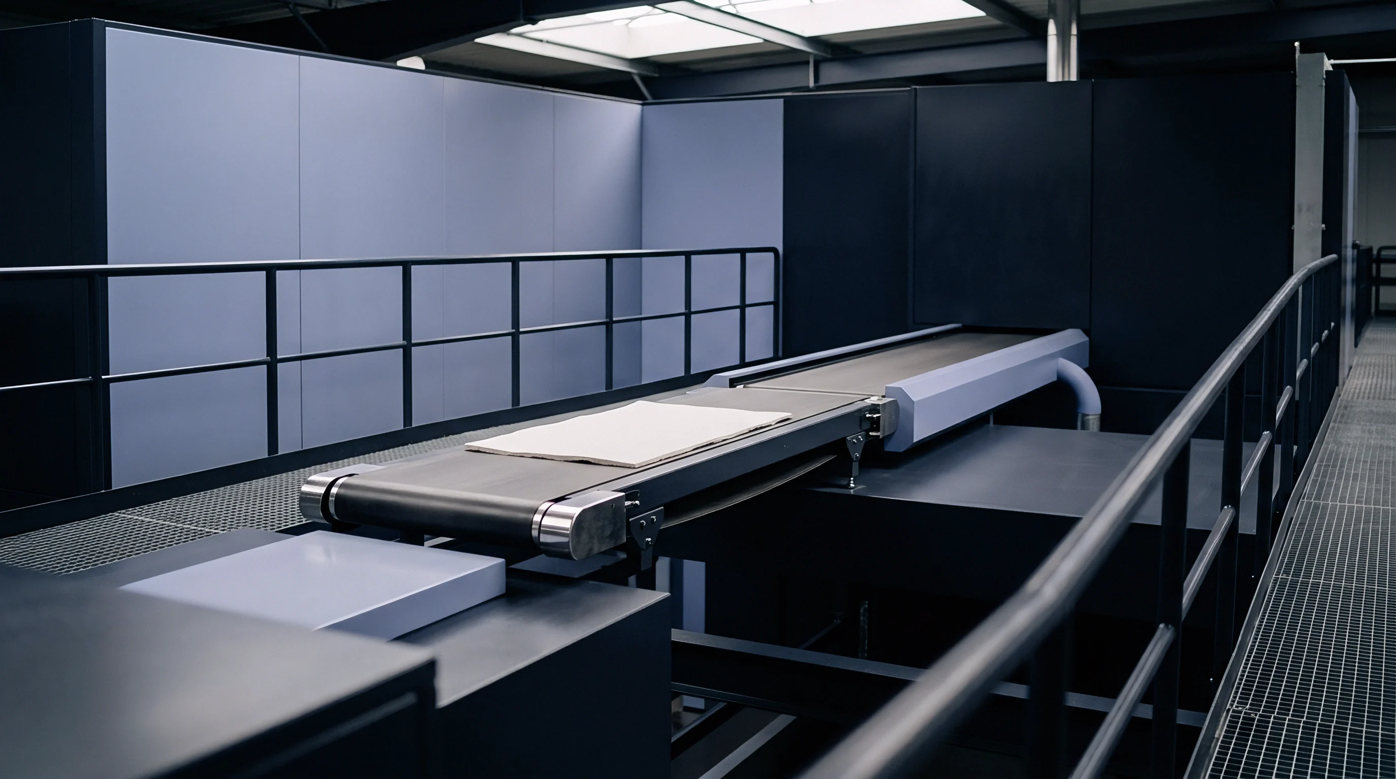 A flat substrate travels on an automated conveyor belt within a modern industrial facility designed for high volume paper processing and packaging manufacturing.
