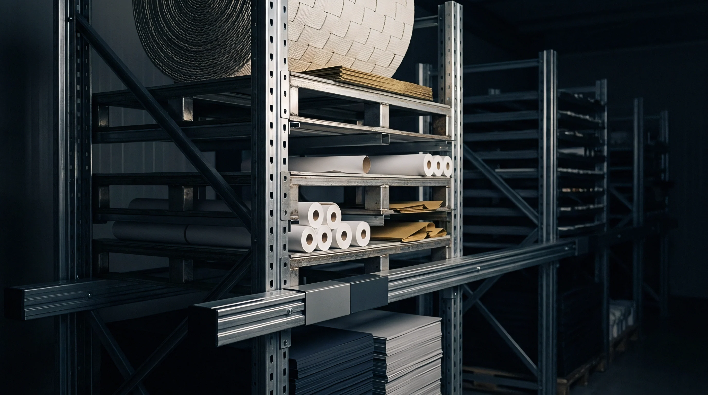 Heavy industrial metal pallet racking systems store large rolls and stacked sheets of paper stock within a dark manufacturing warehouse facility.