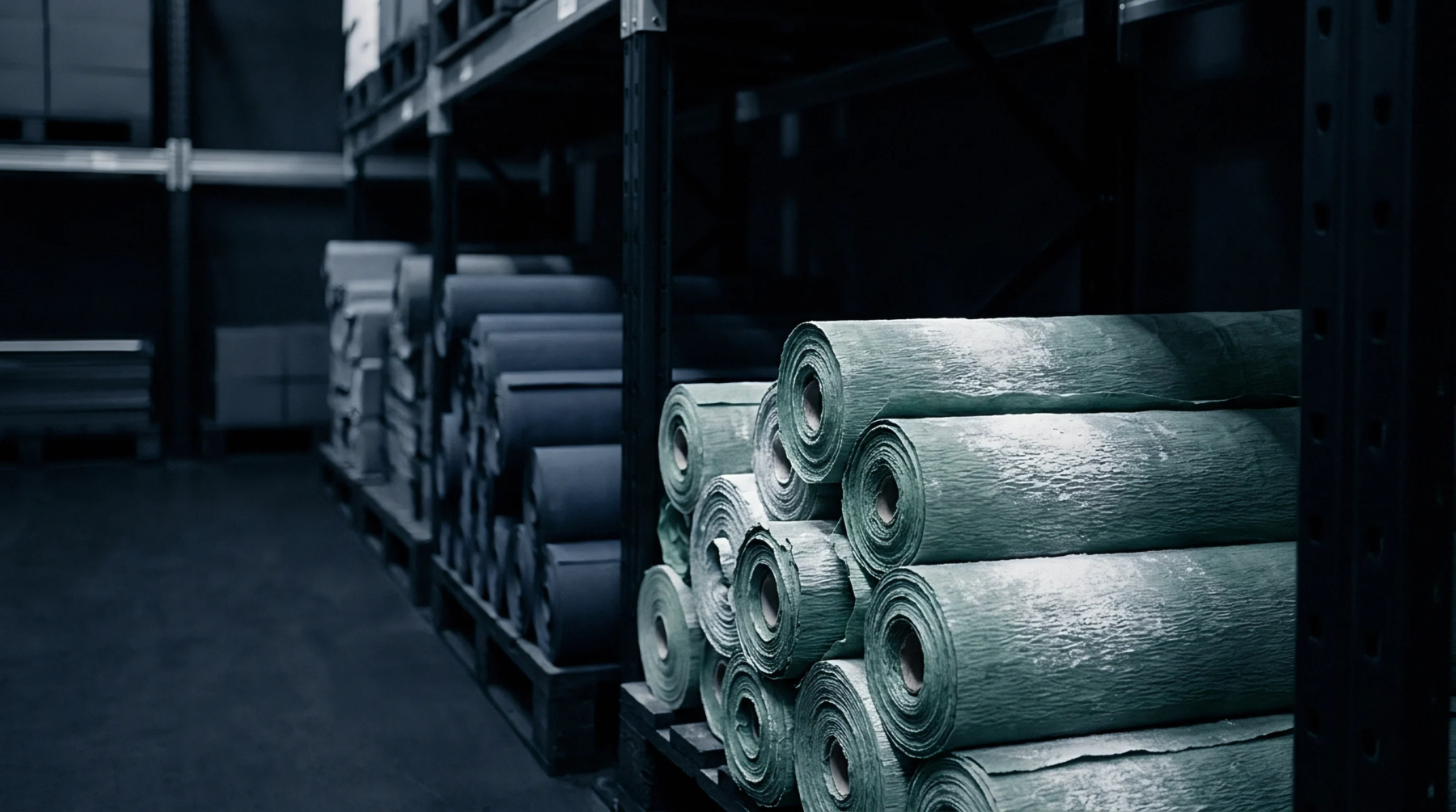 Industrial substrate rolls with textured green surfaces sit stacked on wooden pallets within dark shelving units inside a commercial warehouse space.
