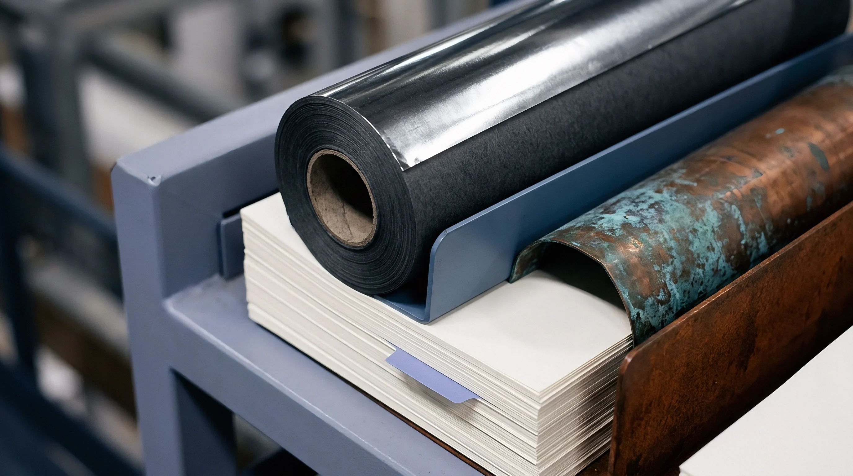 A cylindrical substrate roll rests above a stack of white paper stock inside an industrial material handling rack.