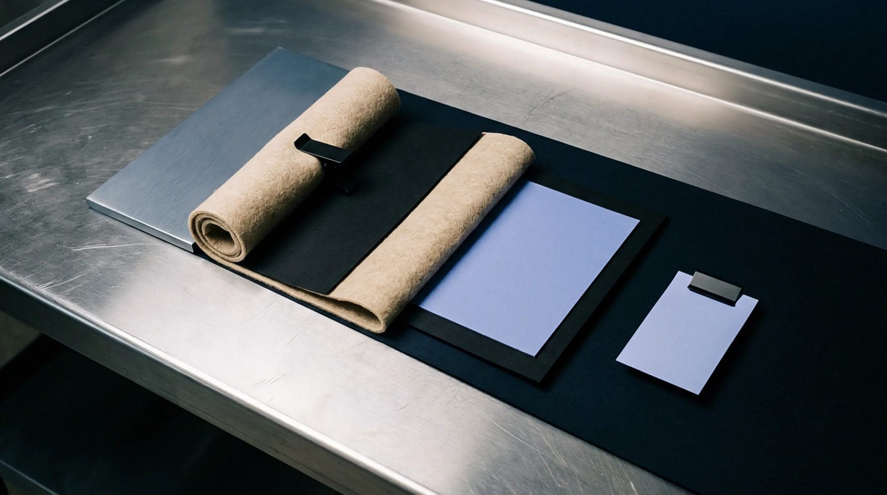 Rolled tan felt and blue cardstock swatches rest on a black mat across a stainless steel industrial laboratory workbench surface.