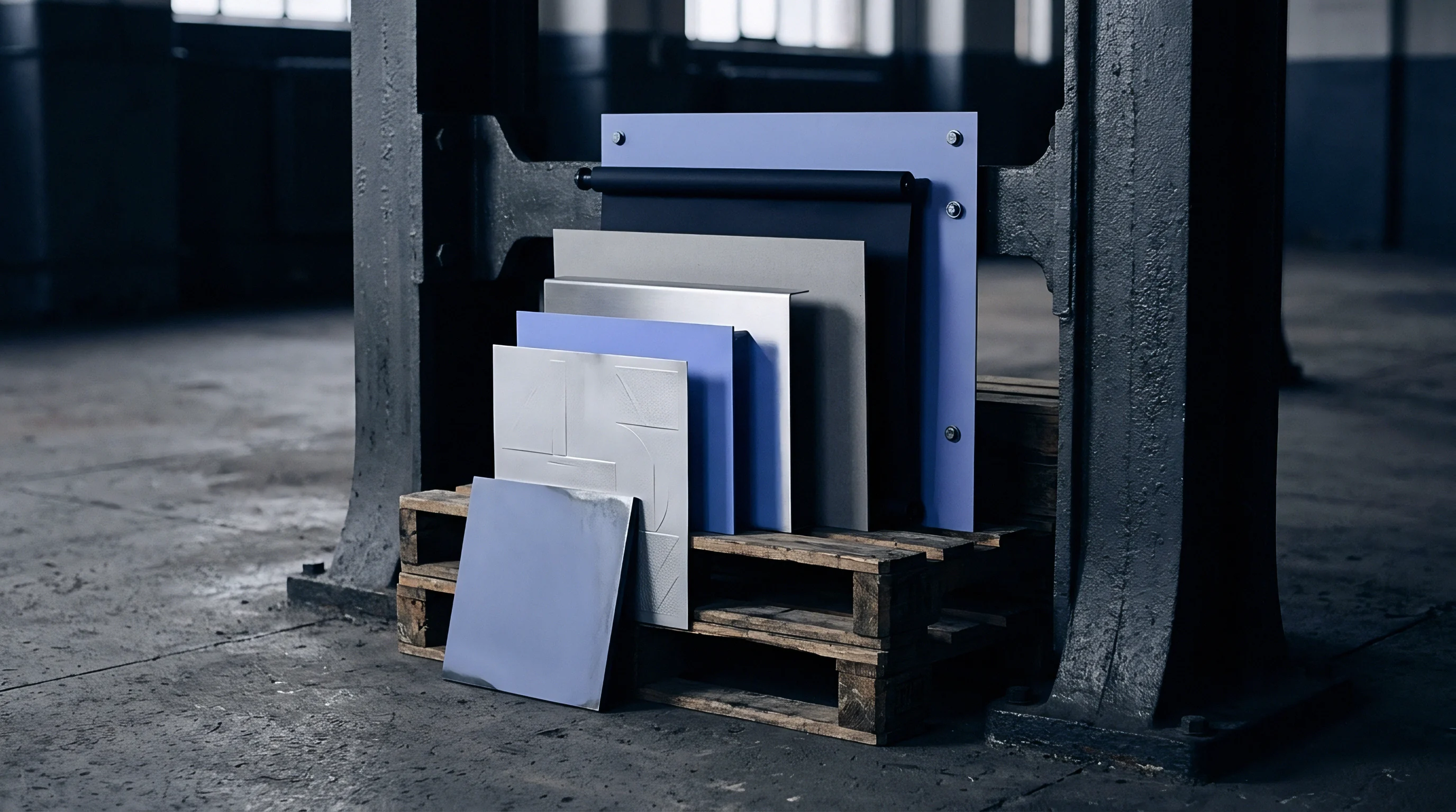 Various coated metal sheets and textured substrates stack vertically on a wooden pallet inside a heavy industrial manufacturing facility.