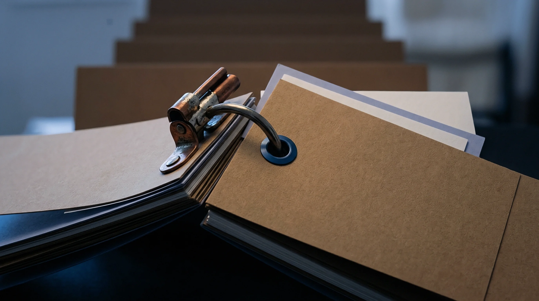 Kraft paper swatches with a metal mechanical binder system display various material weights and finishes across multiple heavy weight cardstock samples.