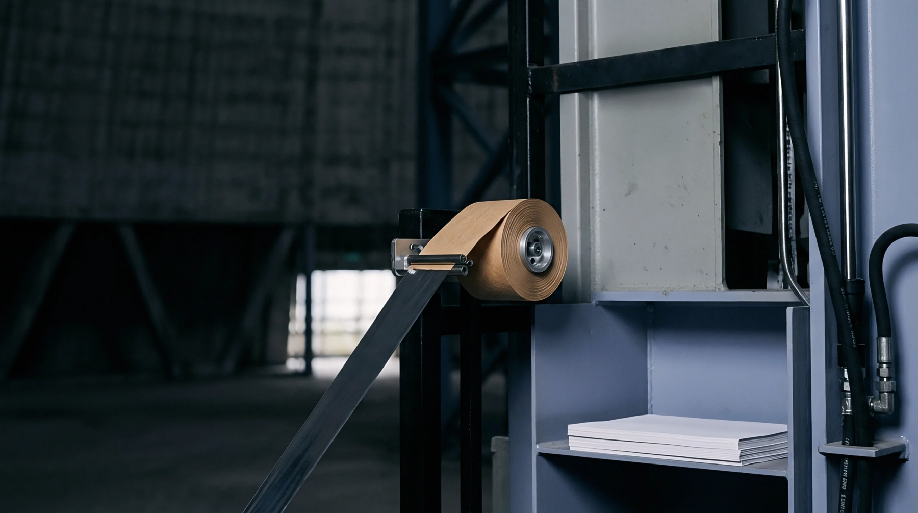 A roll of brown kraft paper feeds through a metal guide system on industrial production machinery alongside a stack of flat sheets.