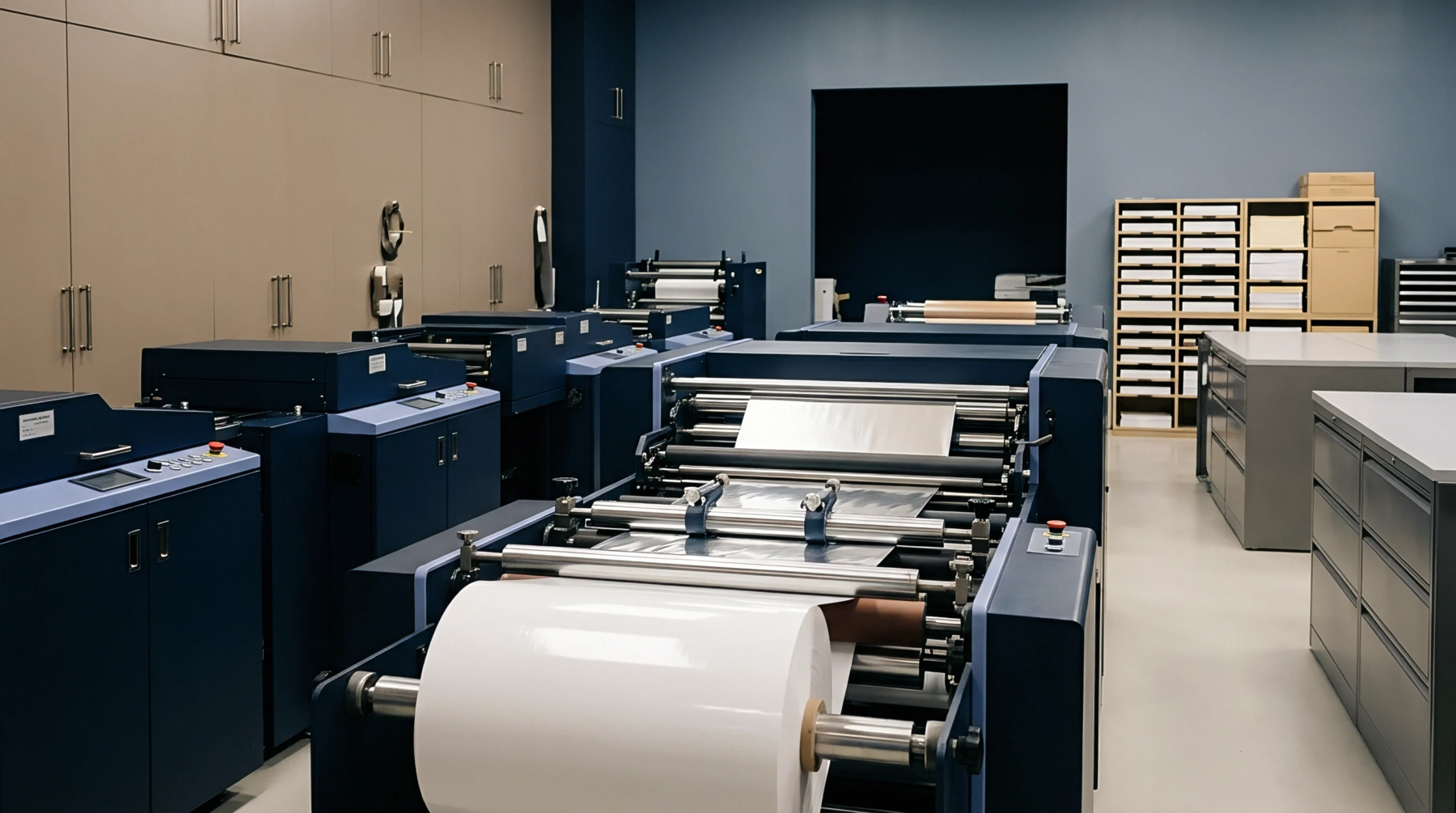 Large rolls of white substrate feed continuous web processing machinery inside a neutral industrial converting facility with organized storage units.