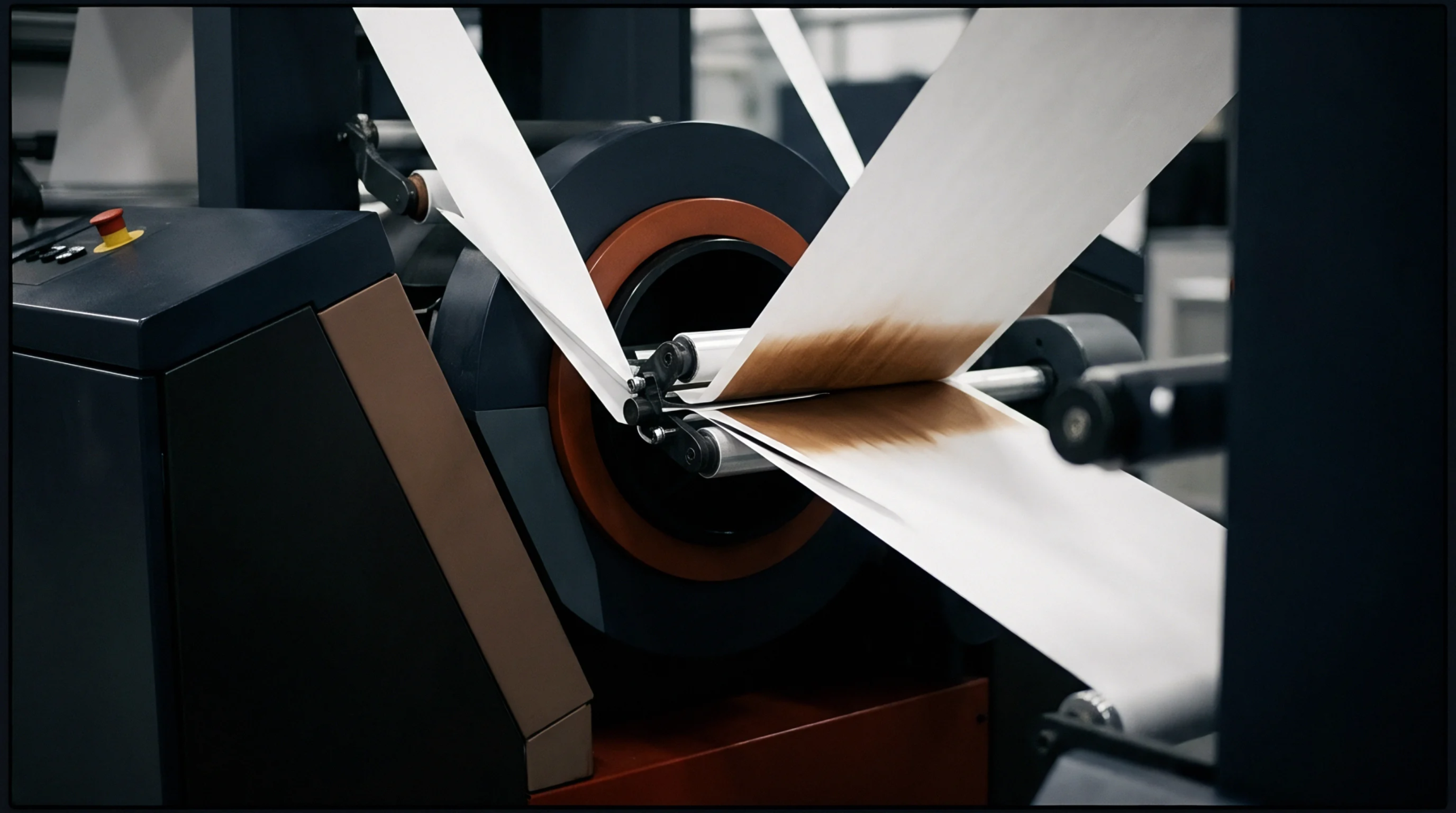 Industrial converting machinery guides two white substrate webs through tension rollers while brown coating is applied centrally.