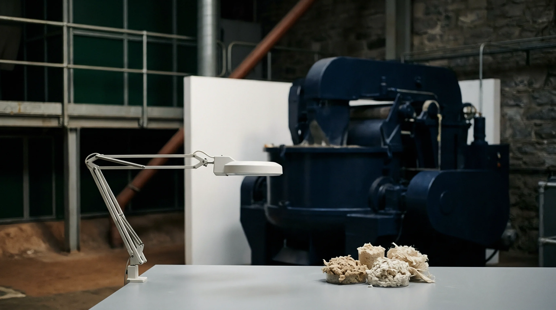 Piles of fibrous raw material sit on a white testing desk beside a magnifying lamp inside a paper production facility.