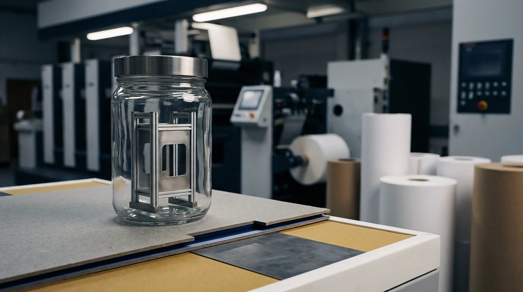 A glass jar containing a stainless steel extraction cell sits on a substrate sheet in a print production facility.