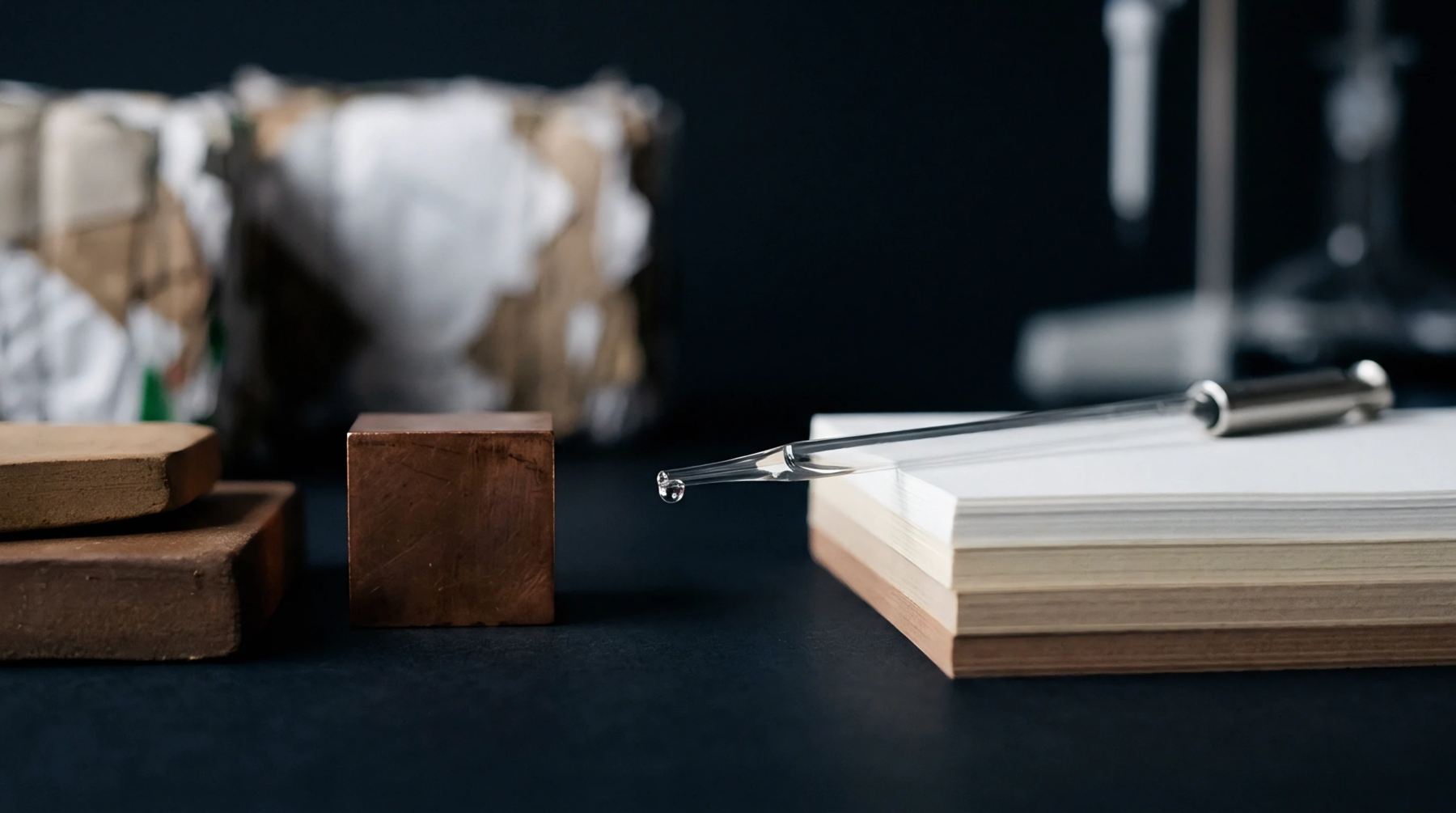 A glass pipette releases a single drop of liquid onto a tiered stack of diverse paper and paperboard samples in a laboratory setting.