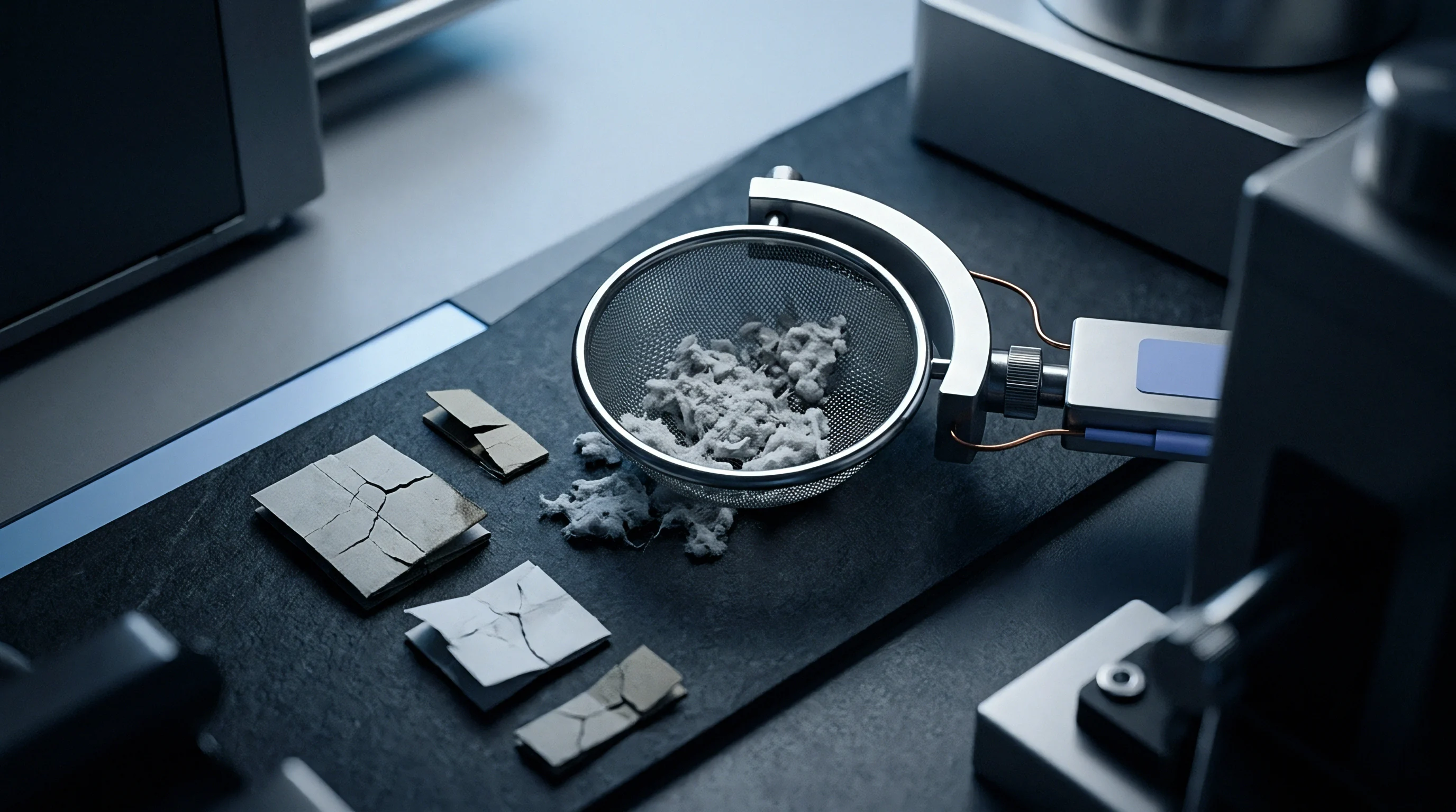 Digital render displays disintegrated fiber pulp in a metal sieve alongside cracked substrate panels on a dark testing bench surface.