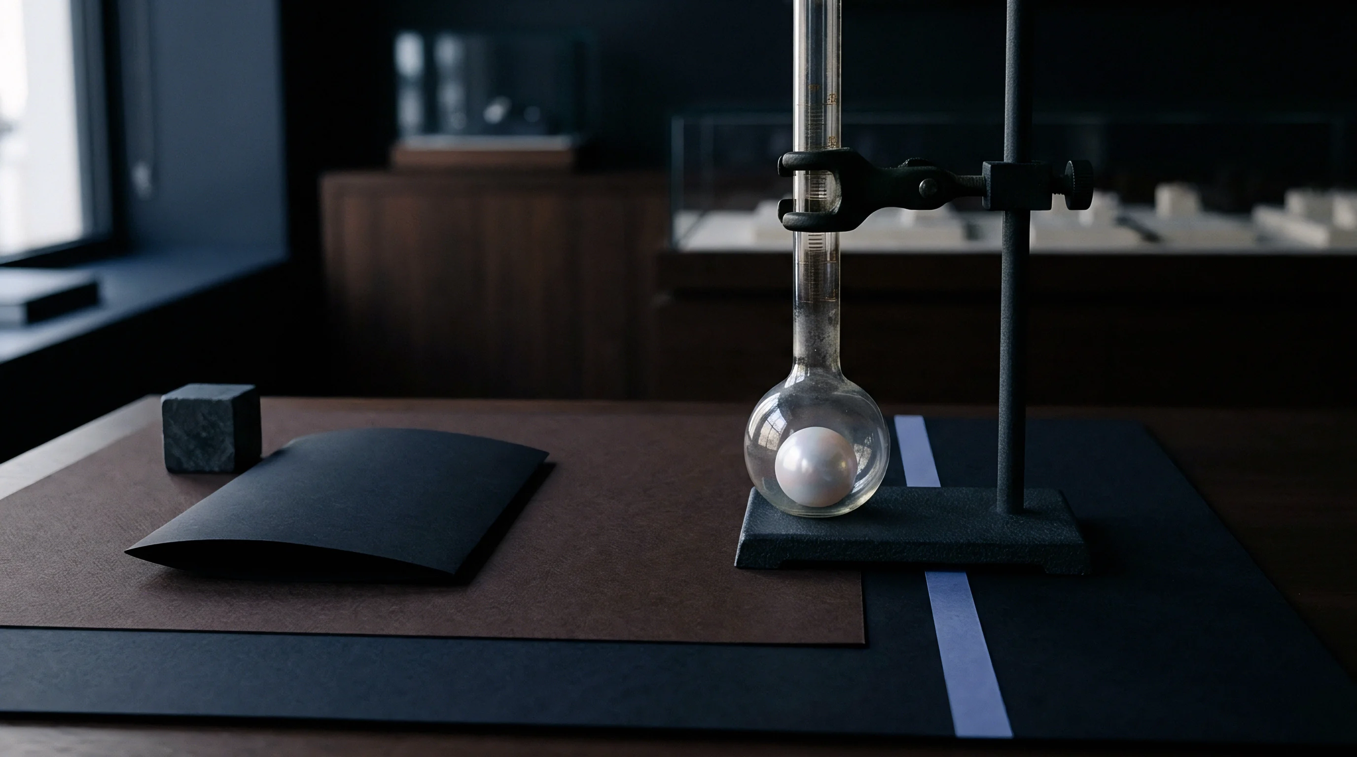 A glass round bottom flask holding a luminous sphere stands beside a contoured matte paper sheet on a dark laboratory workspace desk.