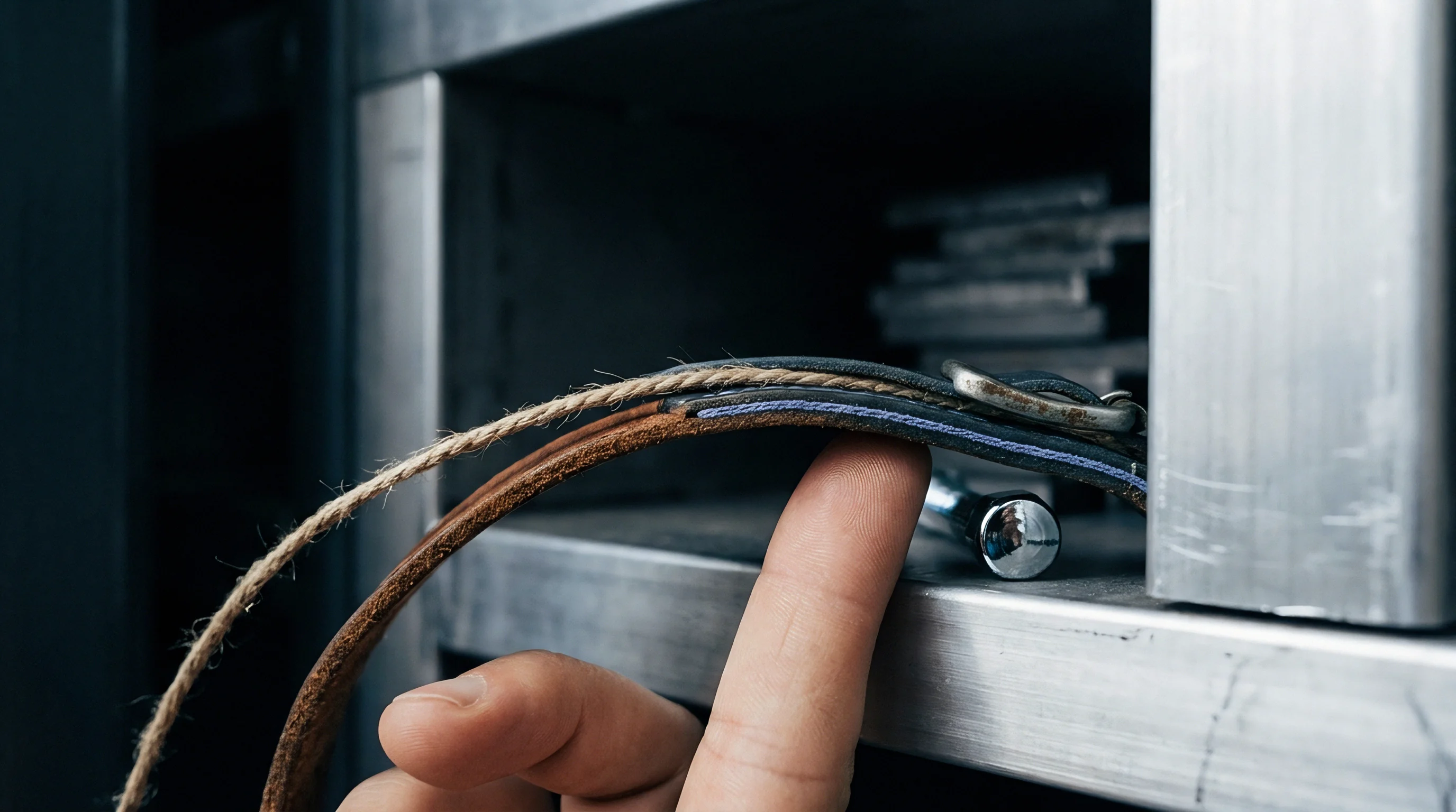 A human finger points at the cross section of a multi layer composite material resting upon a metal industrial shelf.
