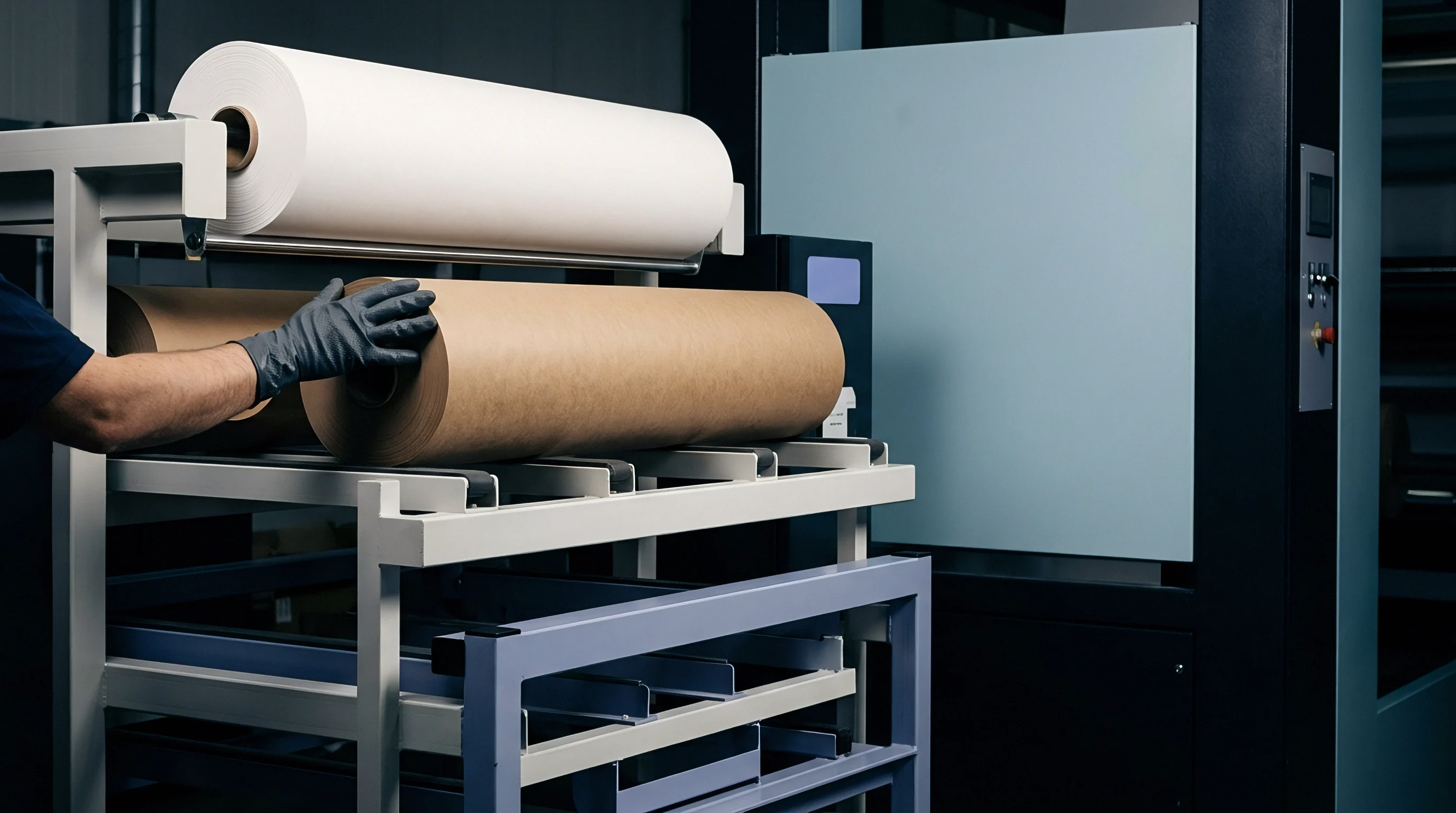 A gloved worker positions a heavy roll of unbleached kraft paper onto a metal rack below a massive white master roll.