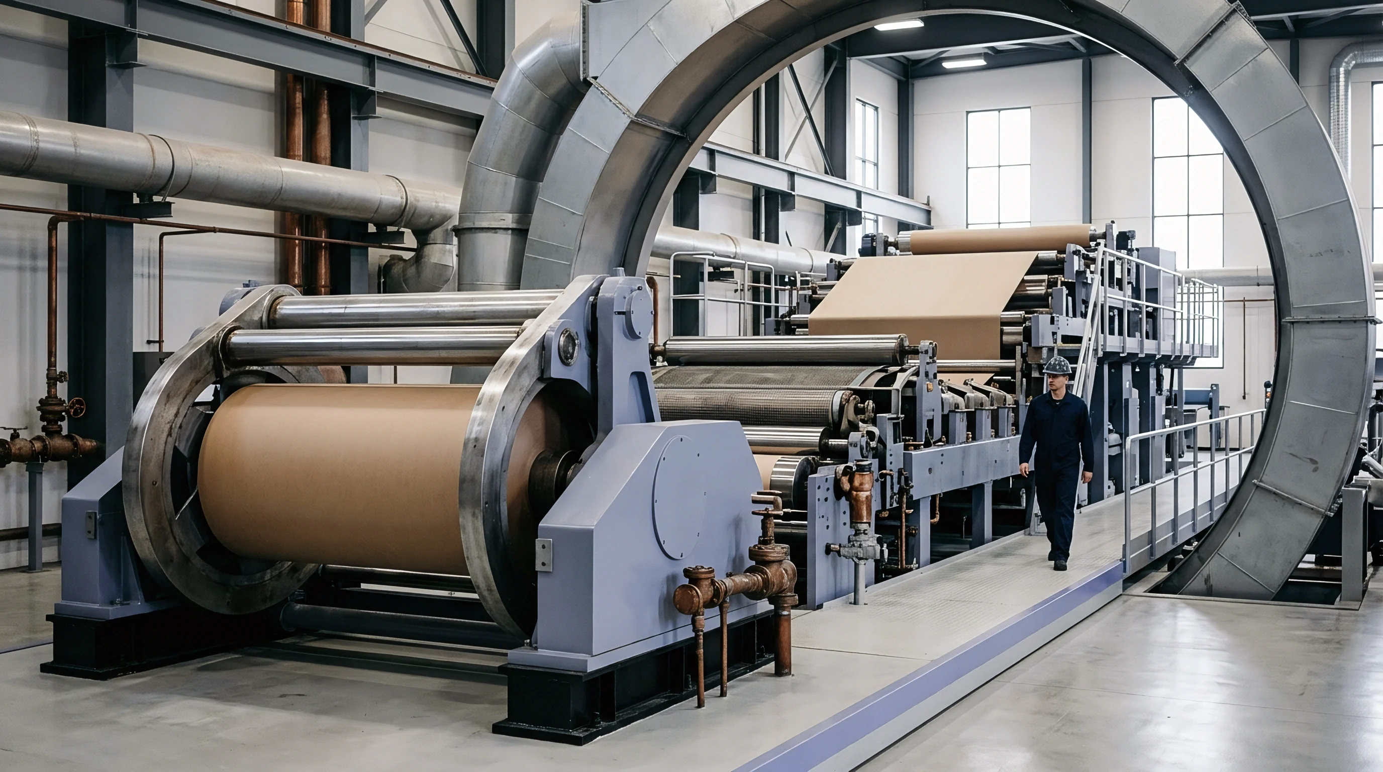 A machine operator walks beside a large roll of brown linerboard positioned at the end of a heavy paper processing machine in a mill.