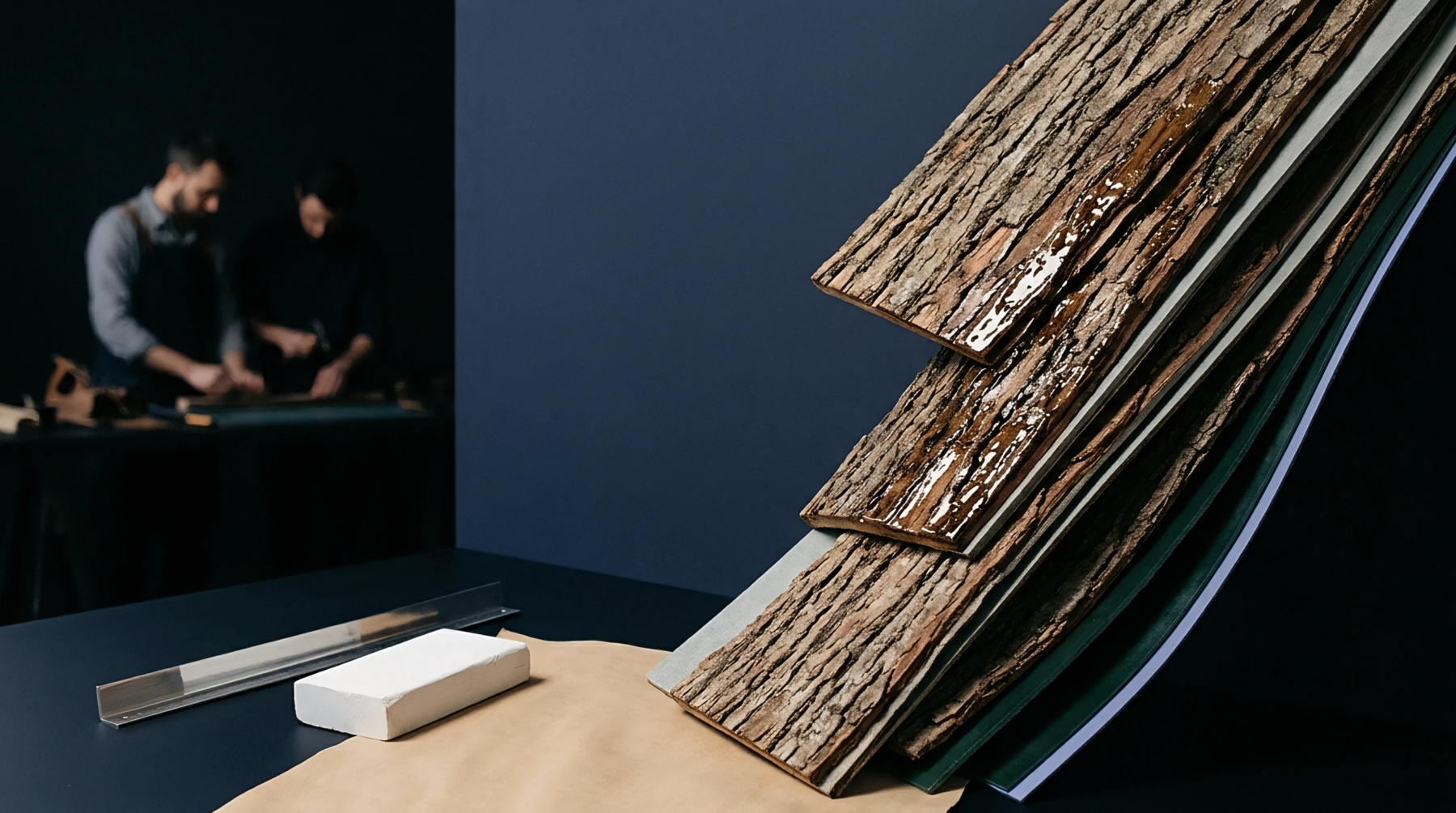 Textured natural bark panels coated with glossy resin rest diagonally on a workbench beside tooling in a dark studio.