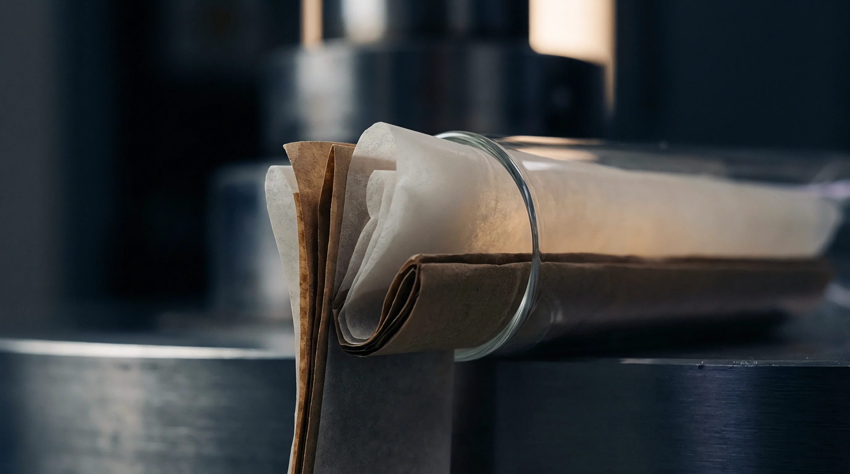 Different paper substrates and glassine sheets are layered inside a transparent glass cylinder resting horizontally upon a metallic surface.