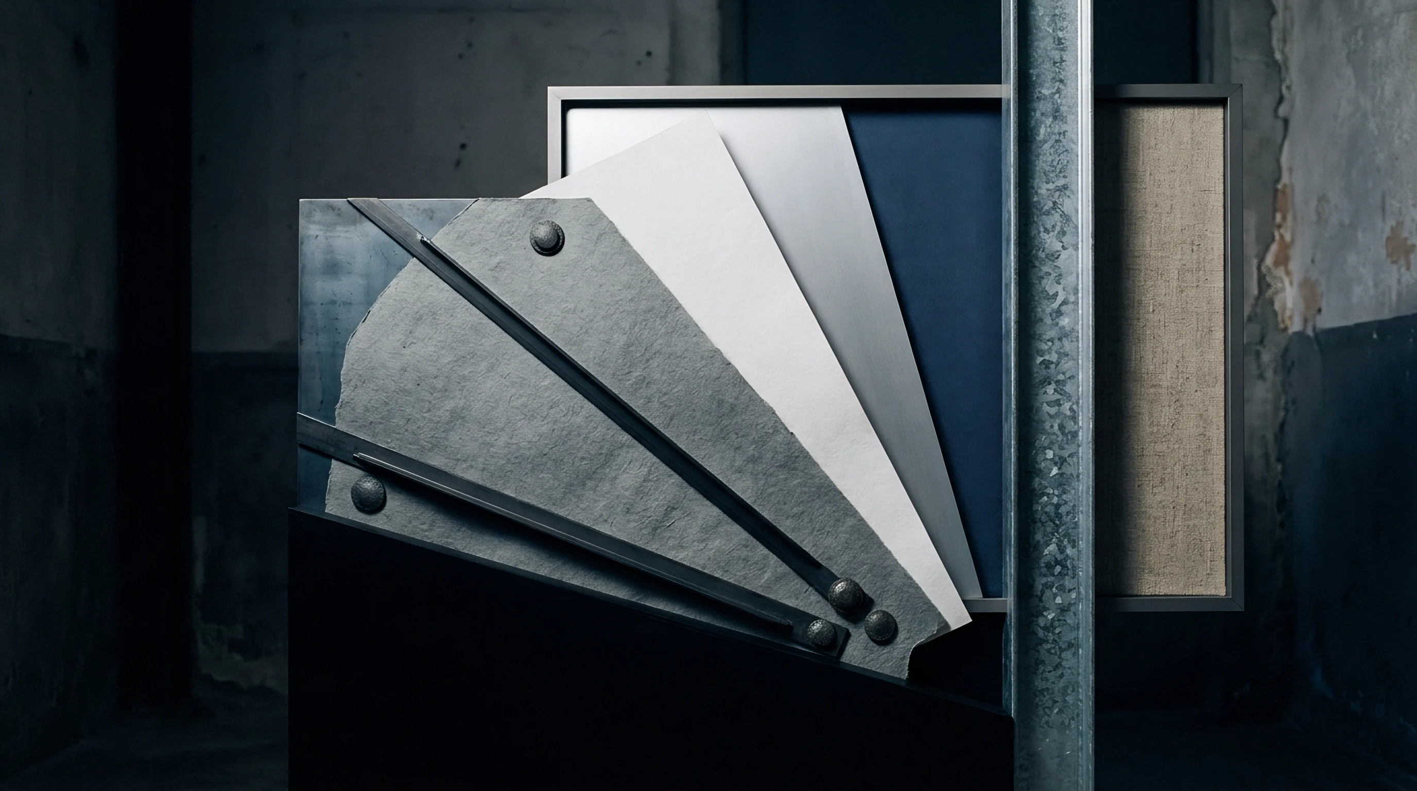 Various substrate swatches including stone paper and metal panels are mounted on a framed industrial structural display inside a workshop.
