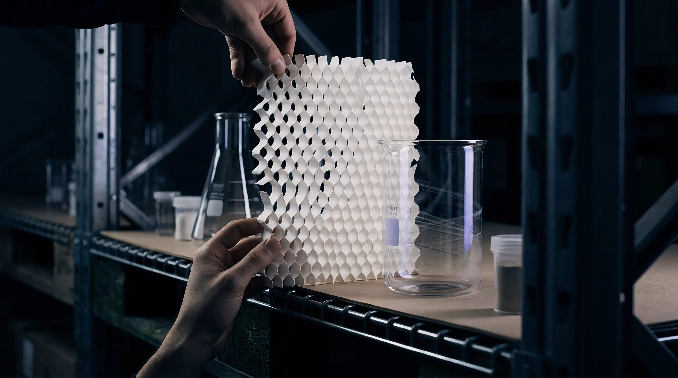 Hands hold a white honeycomb core panel constructed from paper substrate between laboratory glassware on metal industrial shelving.