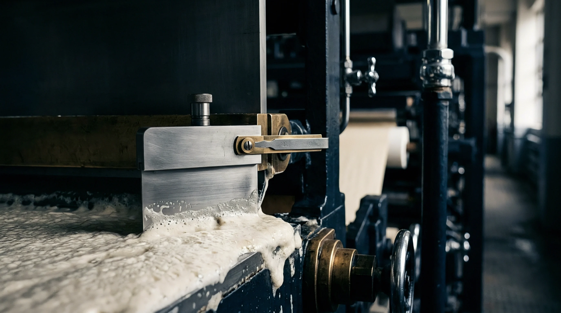 Industrial machinery spreads a foamy coating liquid across a steel roller during the paper converting process in a factory.