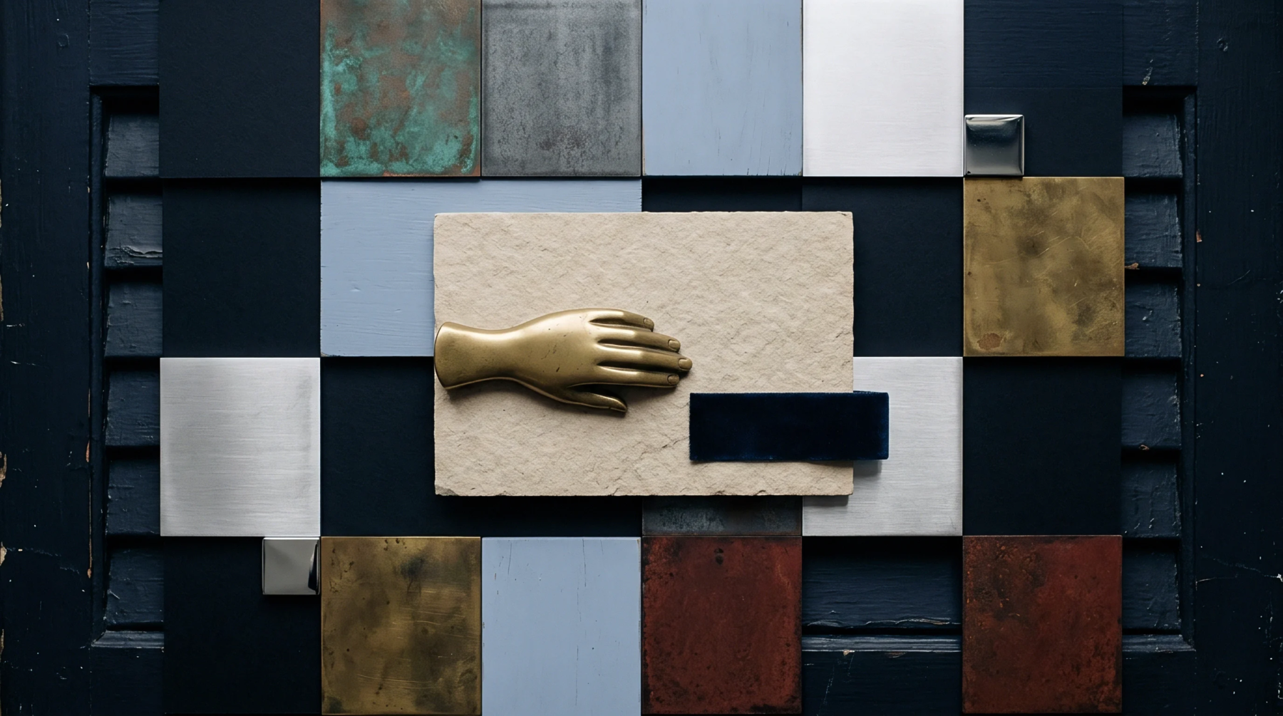 A curated assembly of diverse substrate samples combines metallic foils and textured stone alongside brushed steel panels mounted upon a dark vertical surface.