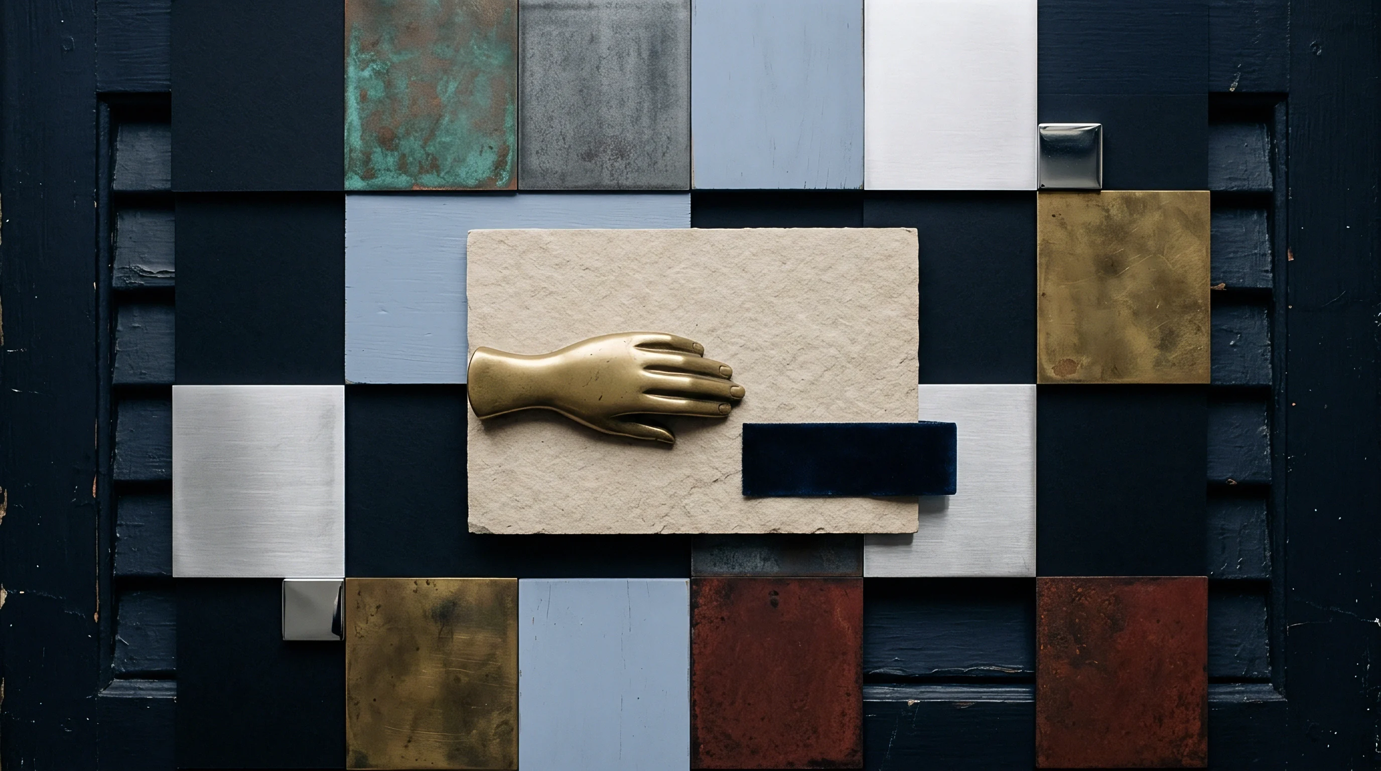 A curated assembly of diverse substrate samples combines metallic foils and textured stone alongside brushed steel panels mounted upon a dark vertical surface.