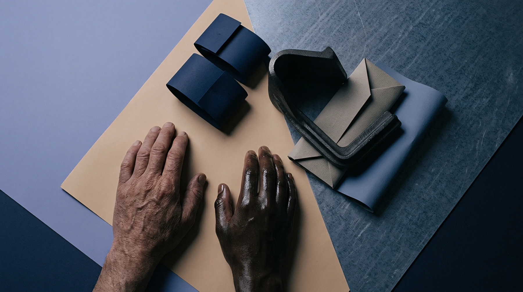 Two hands rest upon a textured beige sheet beside blue folded substrate strips and a dark geometric component.